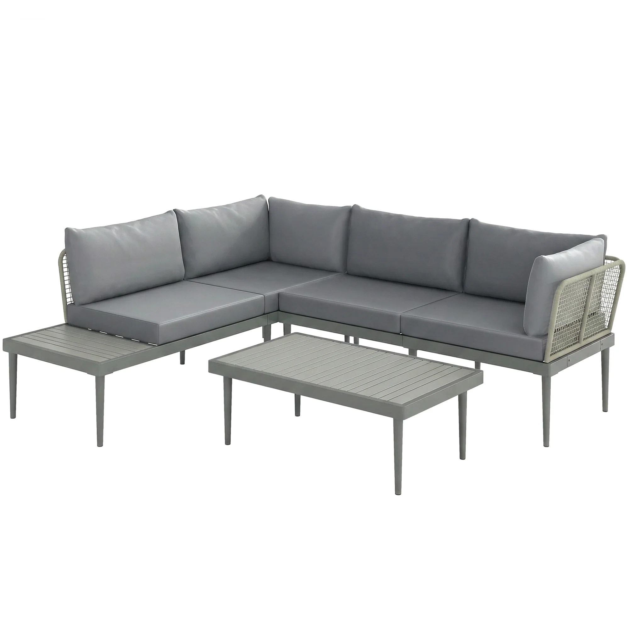 4-Seater L-Shaped Rattan Corner Sofa Set with Acacia Wood Coffee Table, Grey - Image 12