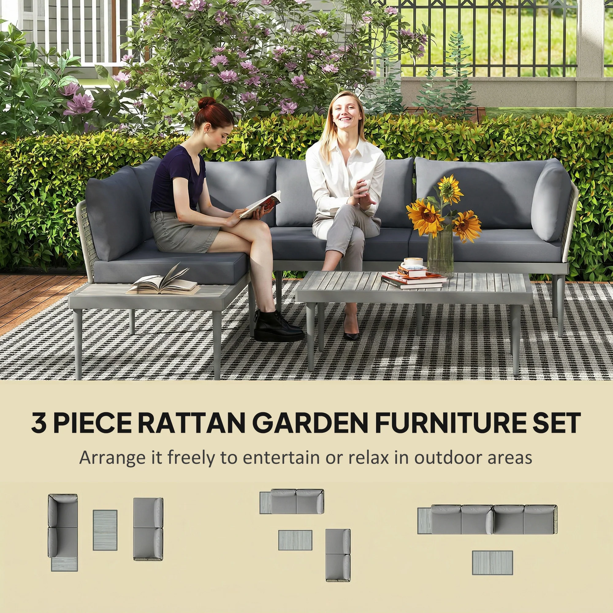 4-Seater L-Shaped Rattan Corner Sofa Set with Acacia Wood Coffee Table, Grey - Image 6