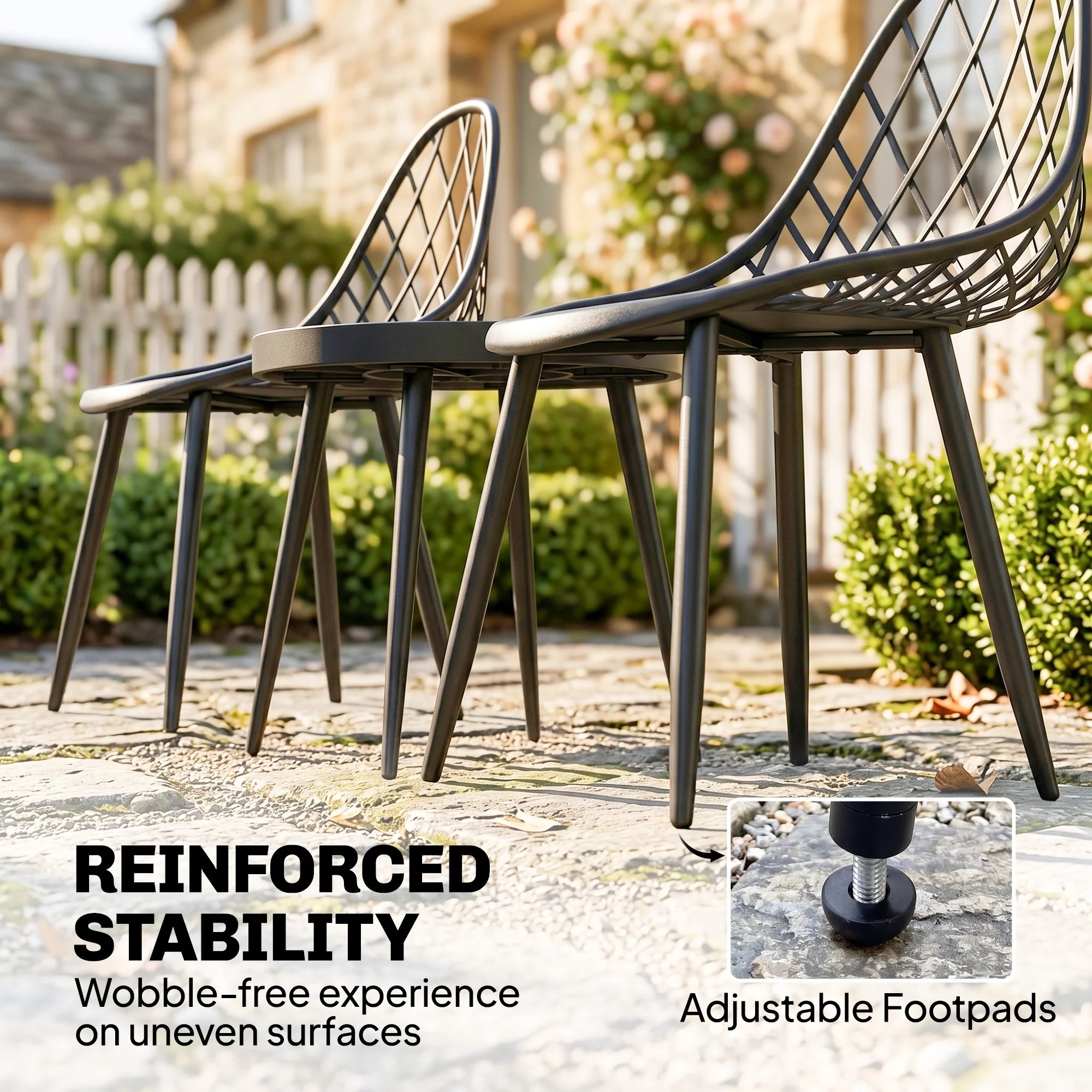 3-Piece Outdoor Bistro Set, 2 Chairs & Round Table, Weatherproof Metal, Black - Image 7
