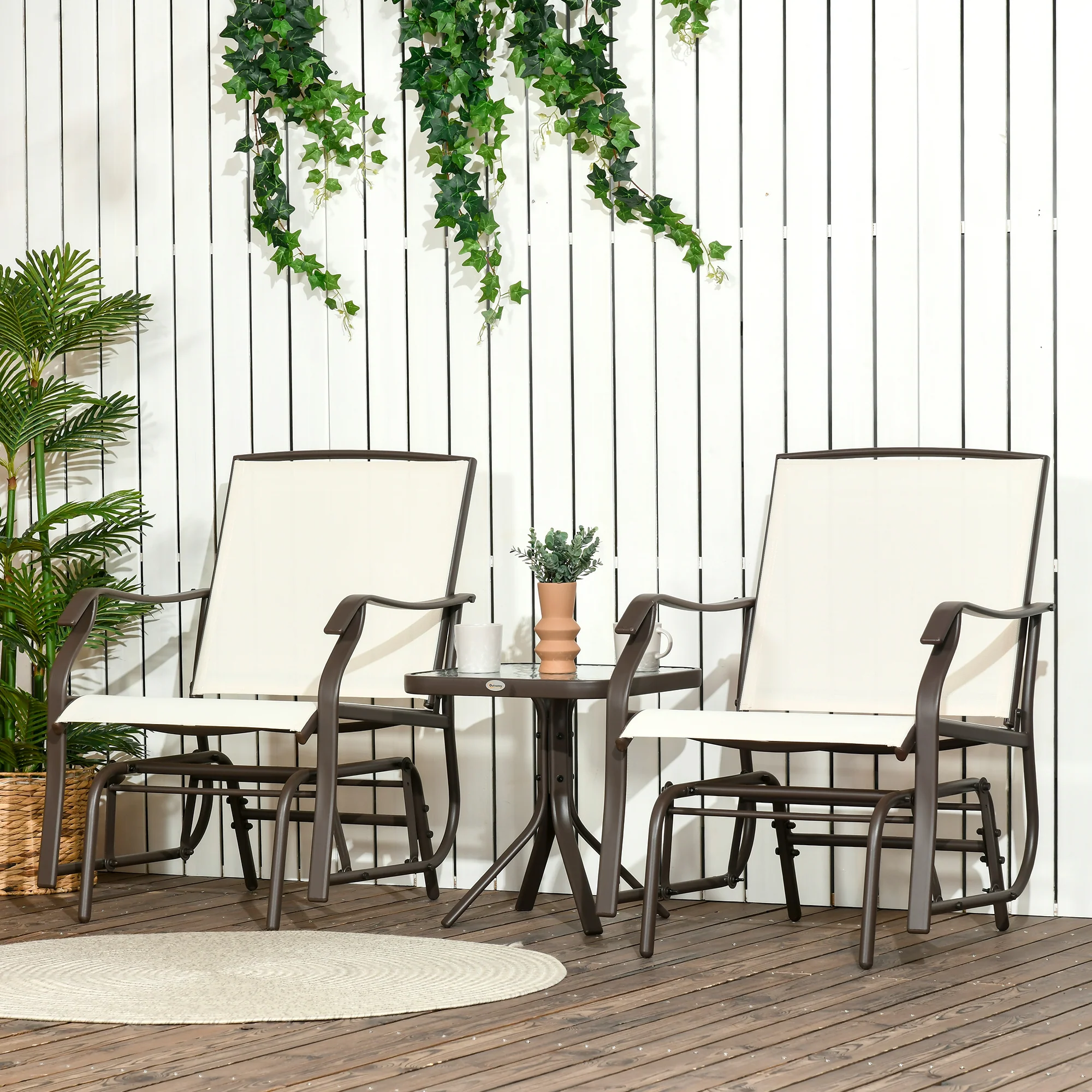 3 Piece Outdoor Glider Chair with Coffee Table Bistro Set, Cream White - Image 3