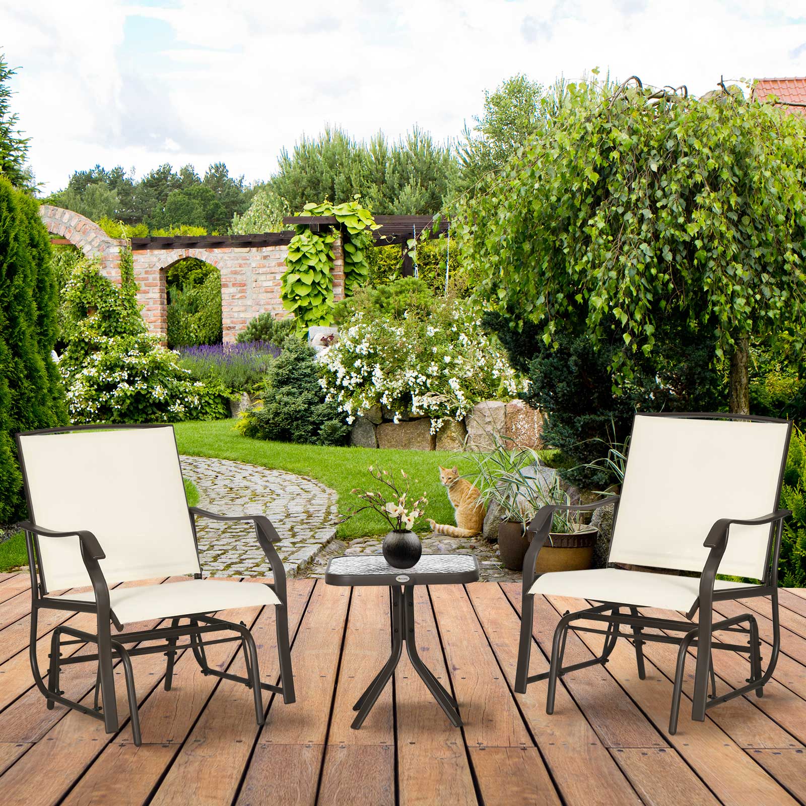3 Piece Outdoor Glider Chair with Coffee Table Bistro Set, Cream White - Image 4