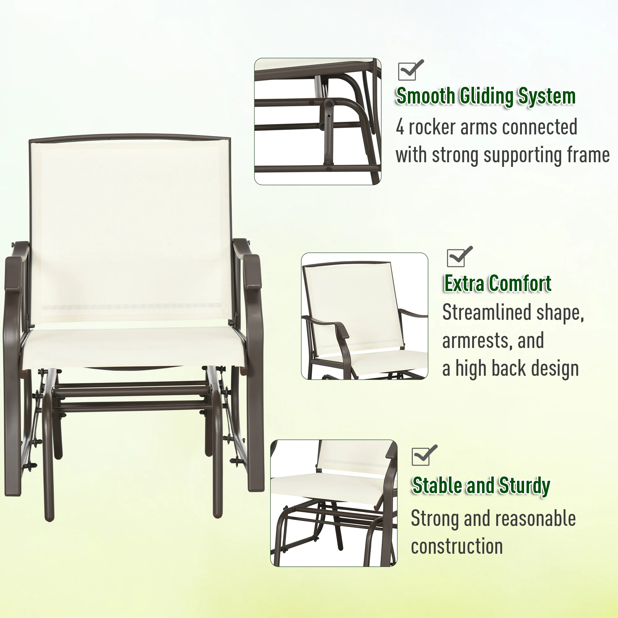 3 Piece Outdoor Glider Chair with Coffee Table Bistro Set, Cream White - Image 7