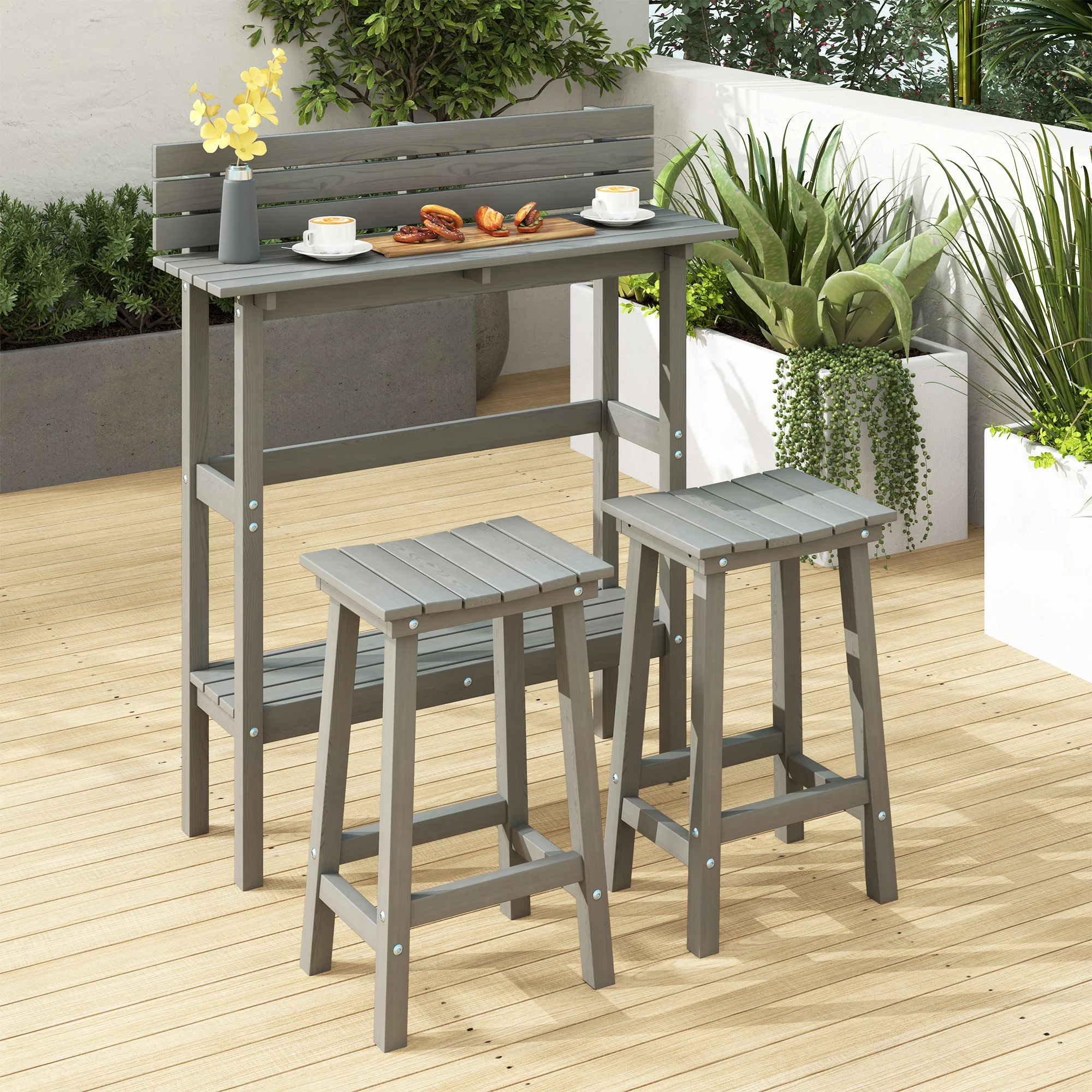 3 Piece Patio Bar Set with 43"H Bar Table and 2 Bar Stools for Backyard, Porch, Grey - Image 4