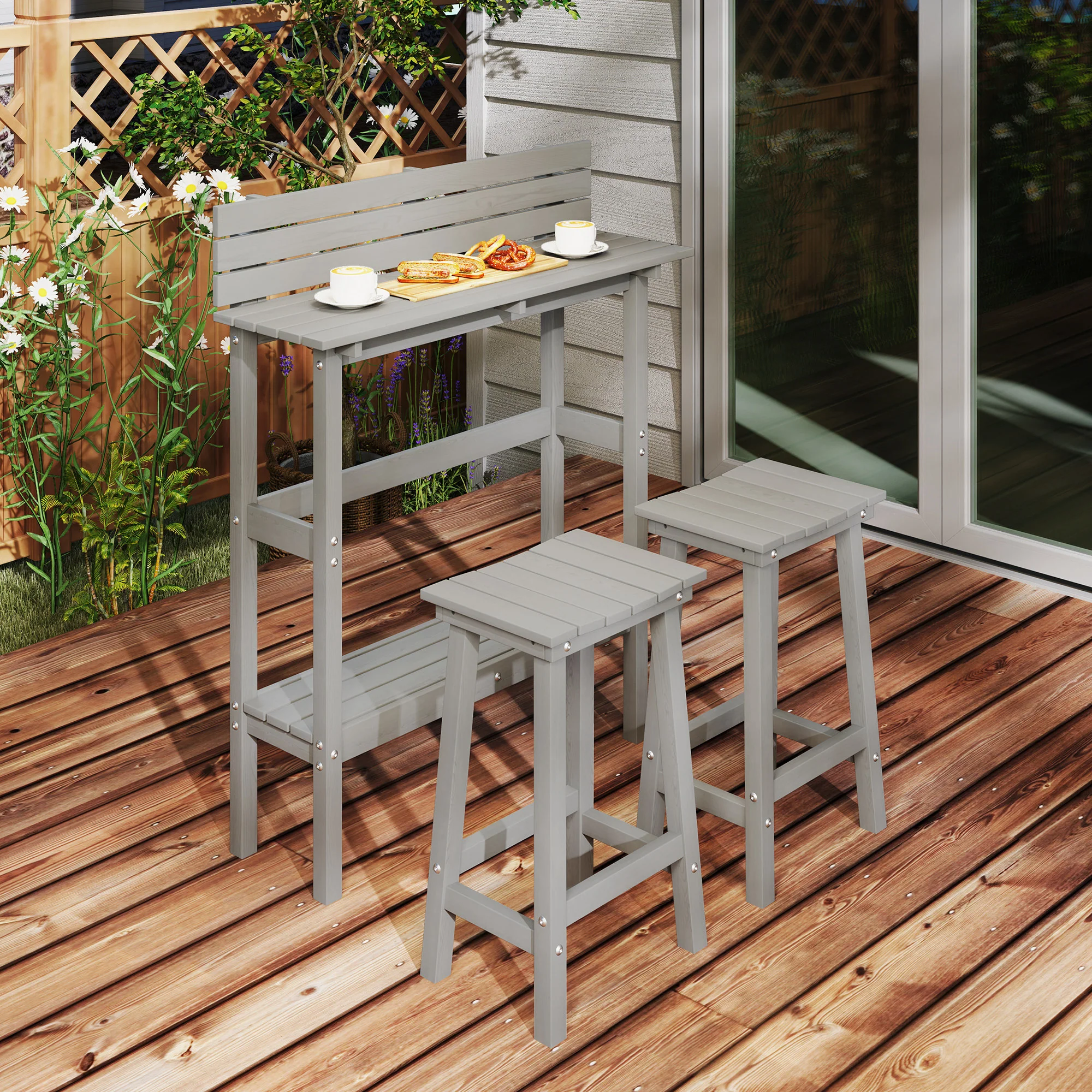 3 Piece Patio Bar Set with 43"H Bar Table and 2 Bar Stools for Backyard, Porch, Grey - Image 9