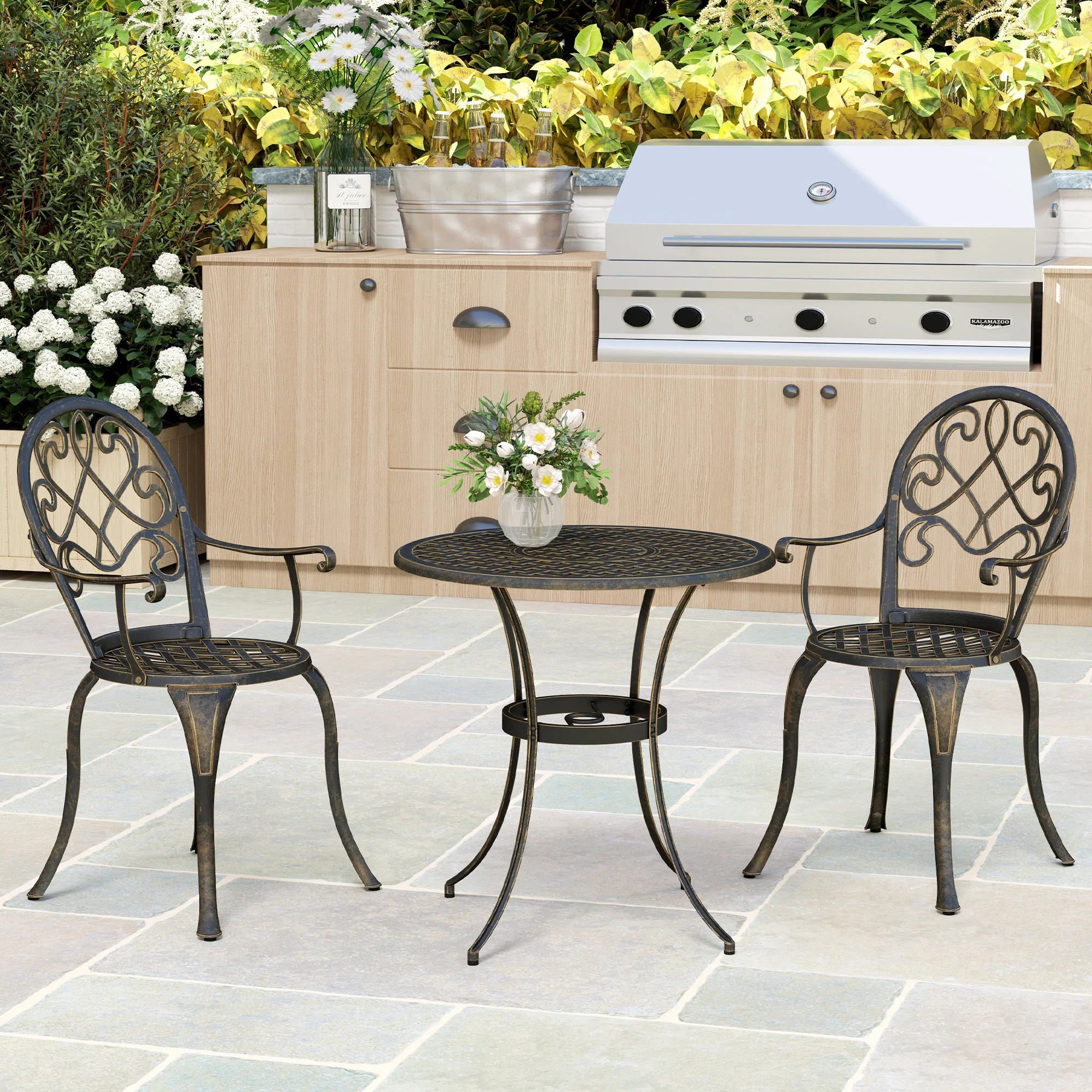 3 Piece Patio Bistro Set, Aluminium Garden Table and Chairs with Adjustable Footpads, Bronze Tone - Image 11