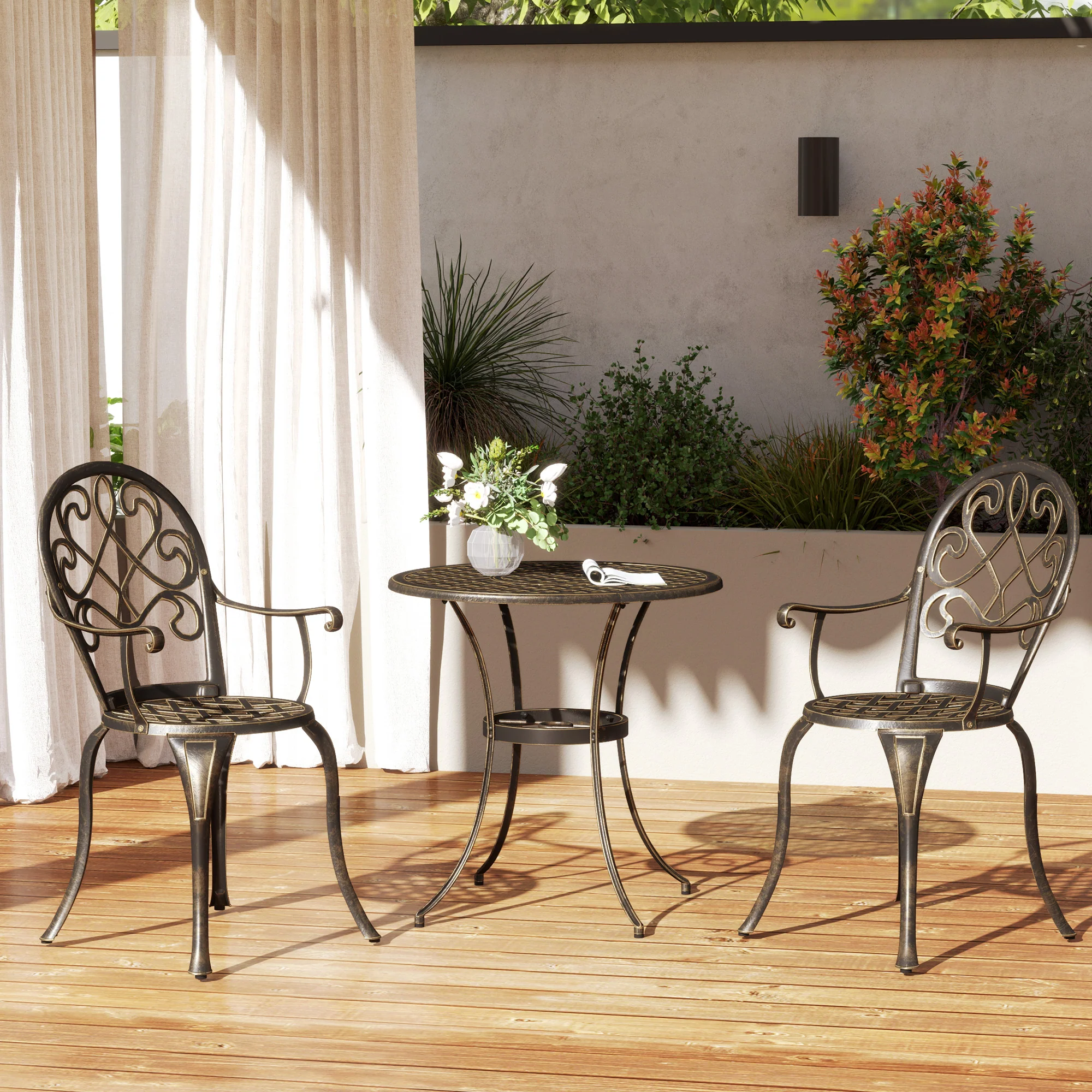 3 Piece Patio Bistro Set, Aluminium Garden Table and Chairs with Adjustable Footpads, Bronze Tone - Image 4