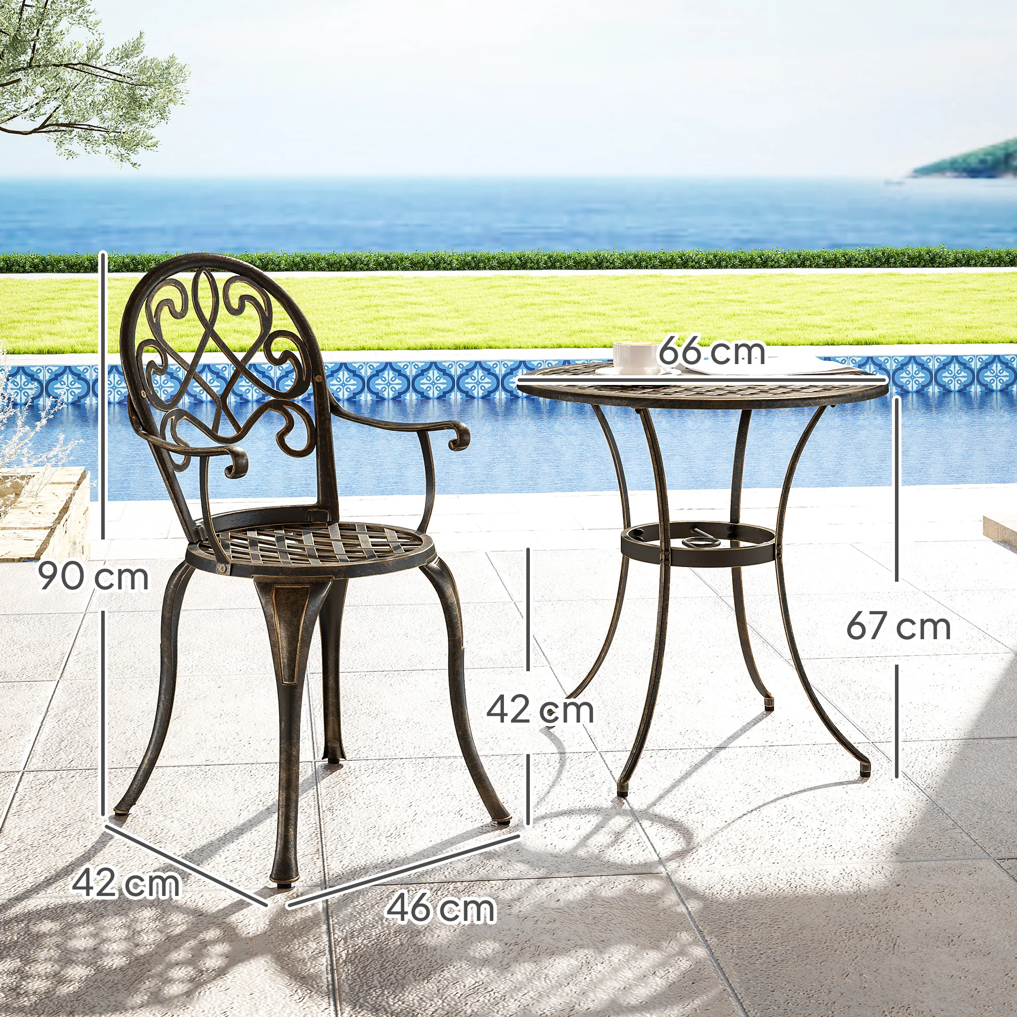 3 Piece Patio Bistro Set, Aluminium Garden Table and Chairs with Adjustable Footpads, Bronze Tone - Image 5