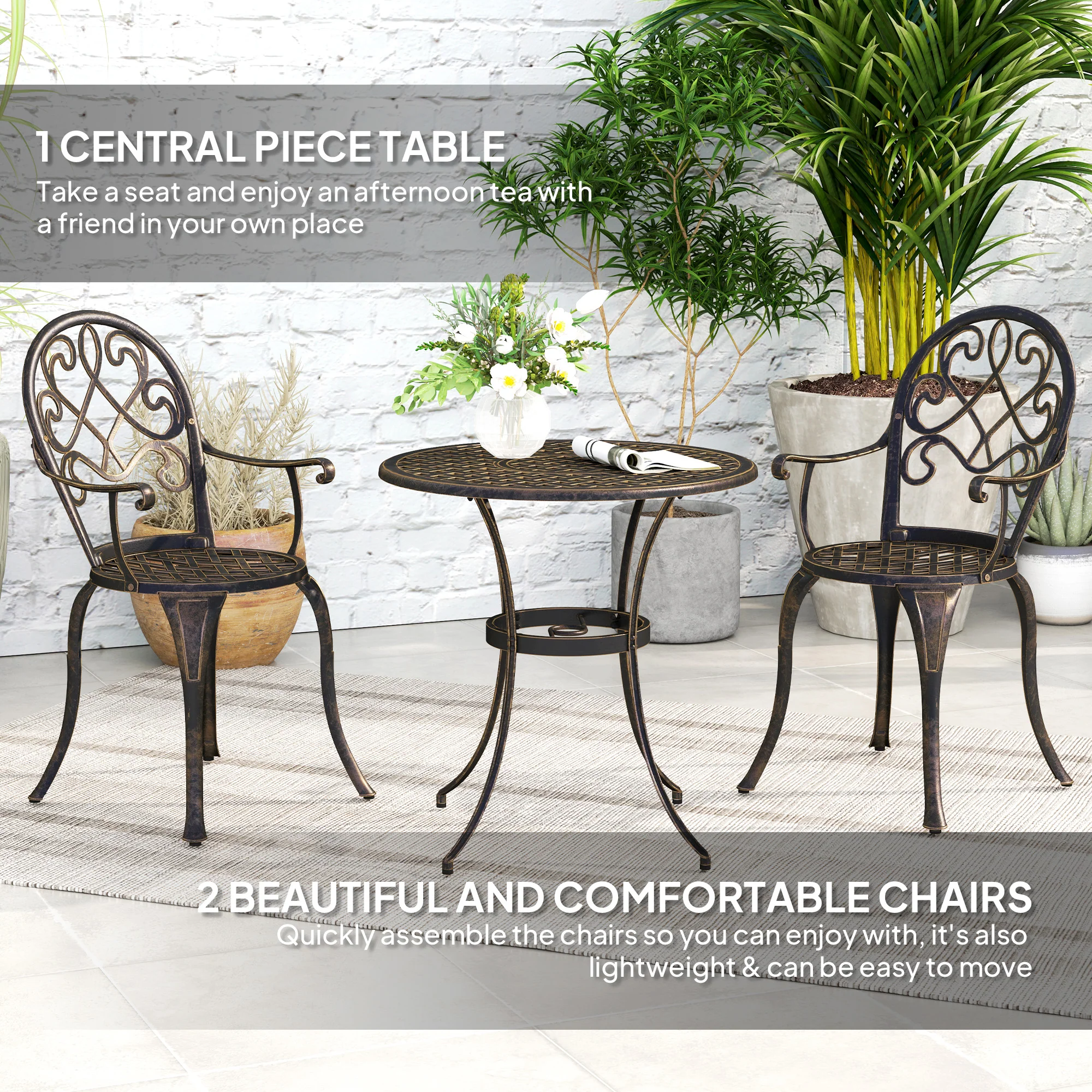 3 Piece Patio Bistro Set, Aluminium Garden Table and Chairs with Adjustable Footpads, Bronze Tone - Image 6