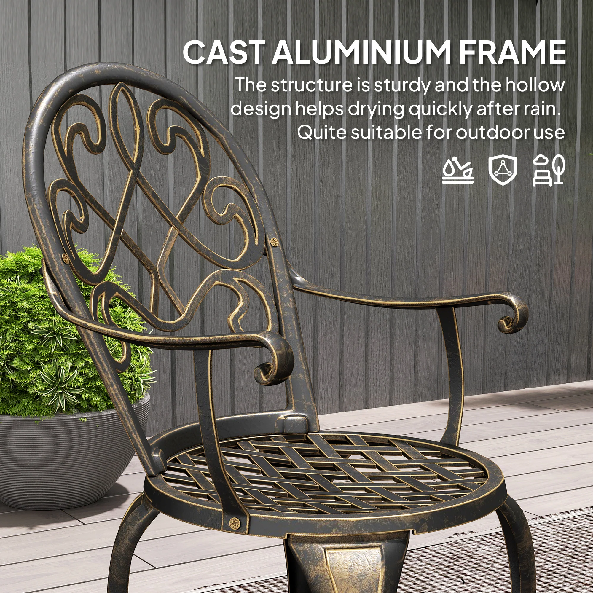 3 Piece Patio Bistro Set, Aluminium Garden Table and Chairs with Adjustable Footpads, Bronze Tone - Image 7