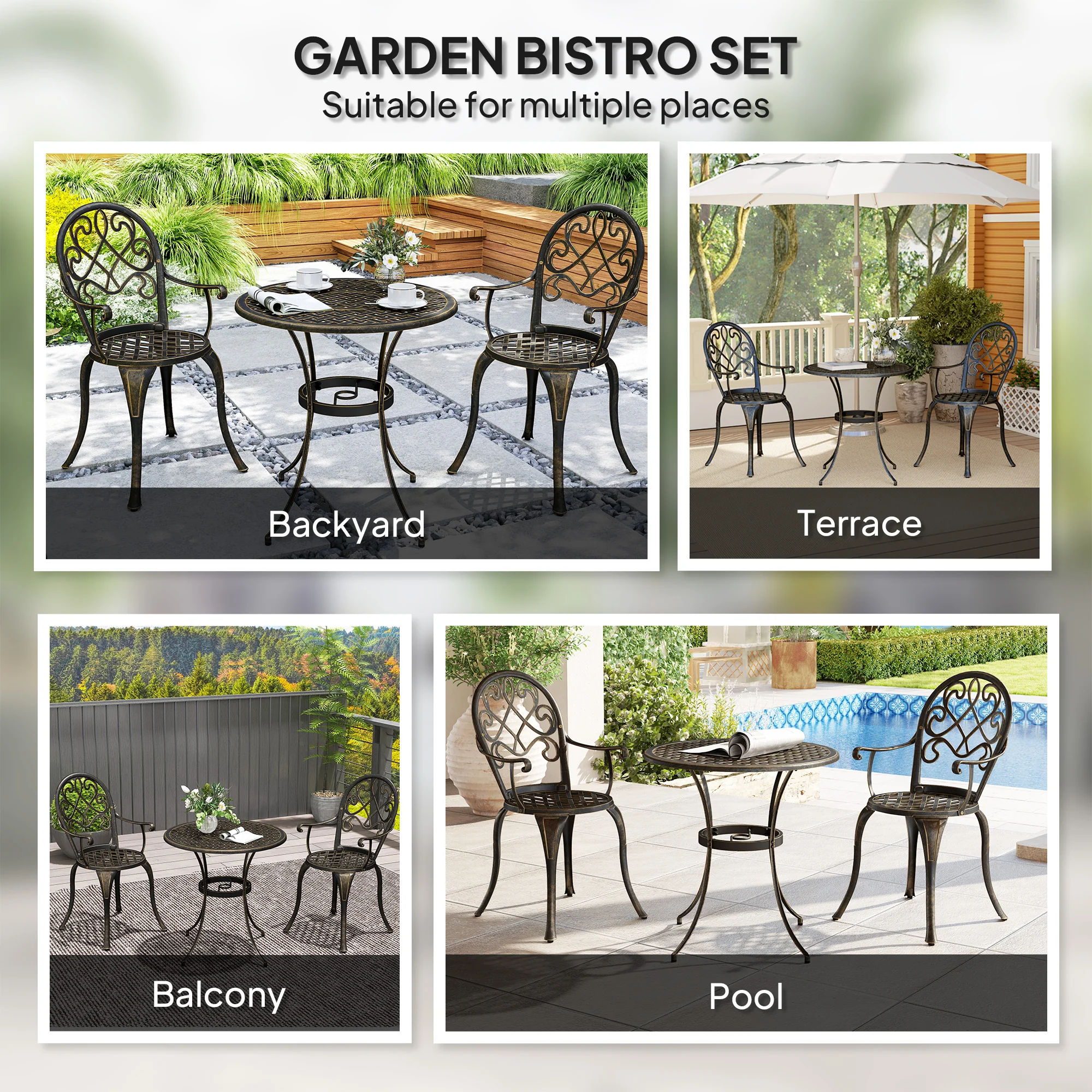 3 Piece Patio Bistro Set, Aluminium Garden Table and Chairs with Adjustable Footpads, Bronze Tone - Image 8