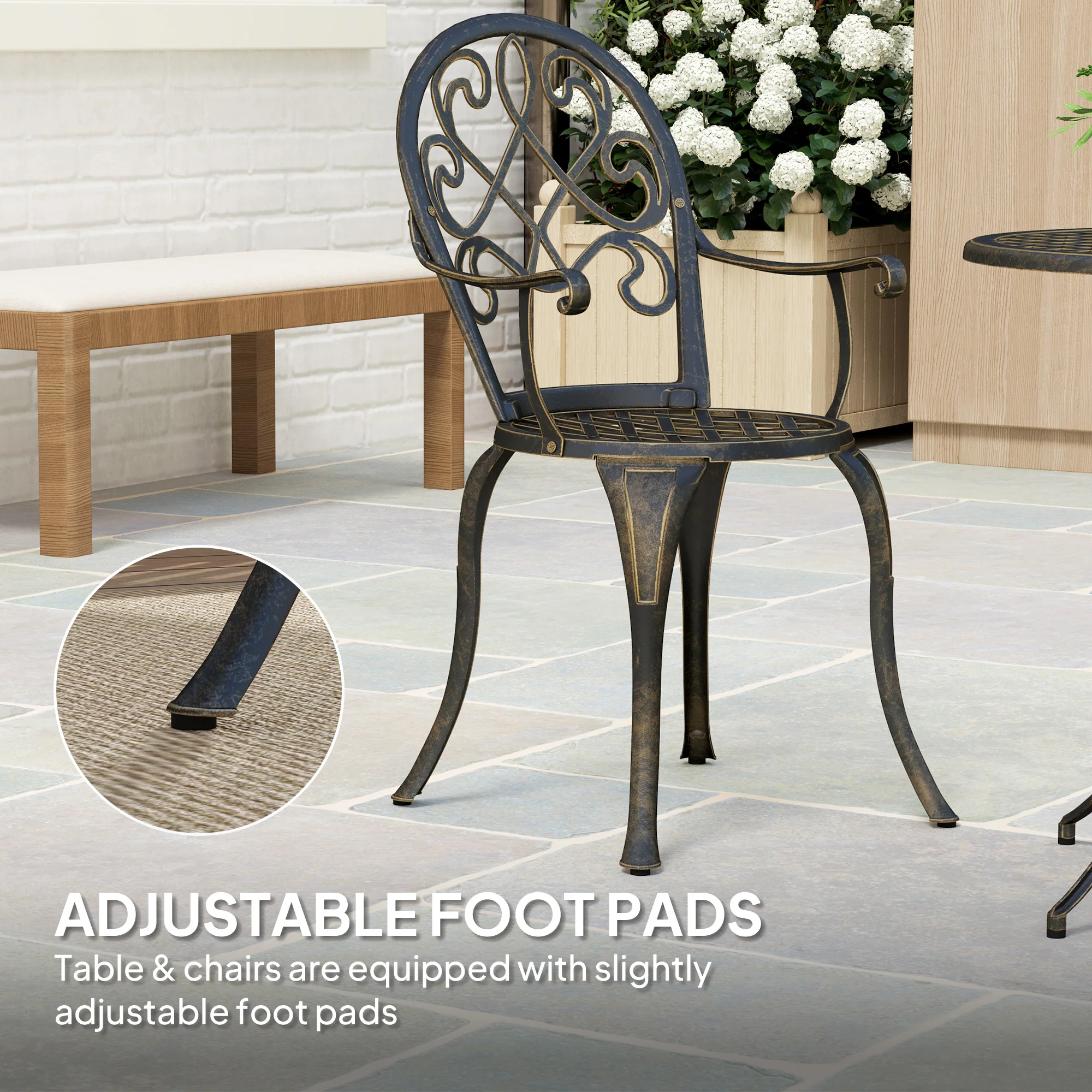 3 Piece Patio Bistro Set, Aluminium Garden Table and Chairs with Adjustable Footpads, Bronze Tone - Image 9