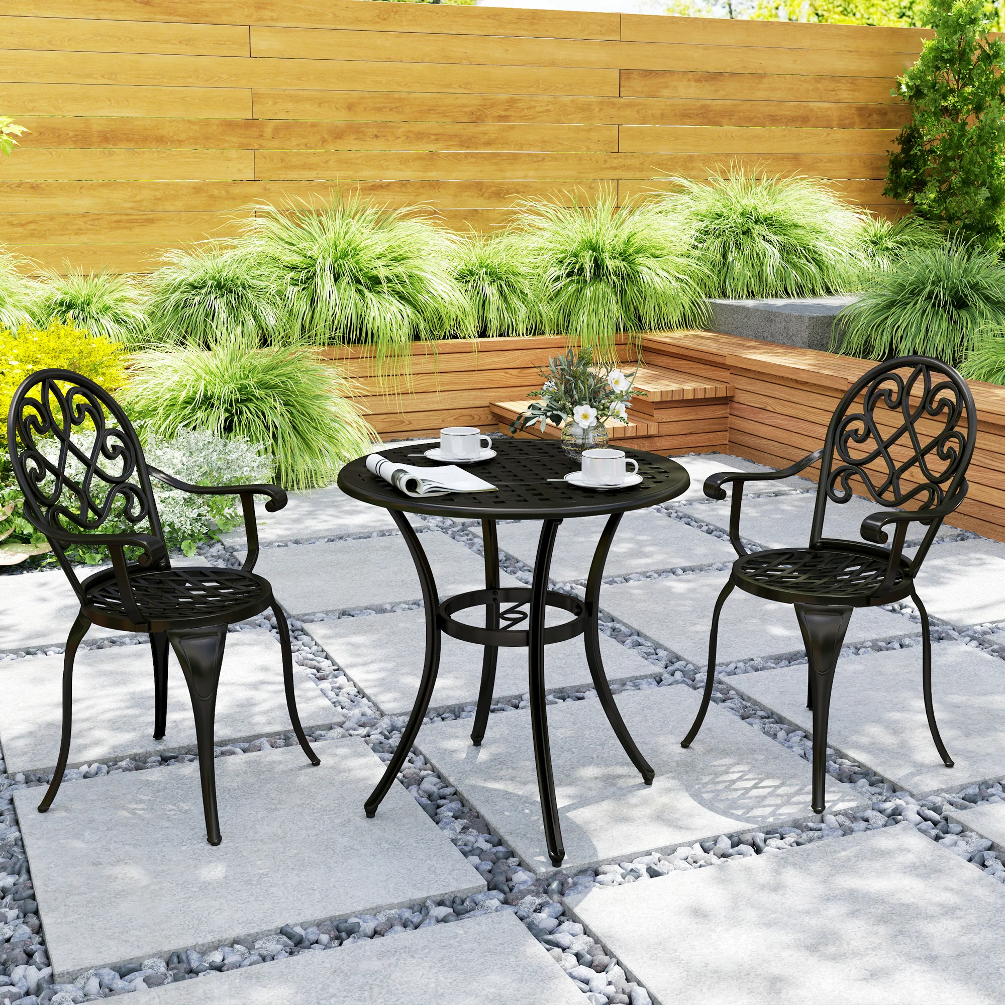 3 Piece Patio Bistro Set for 2, Aluminium Garden Table and Chairs with Adjustable Footpads, Black - Image 10