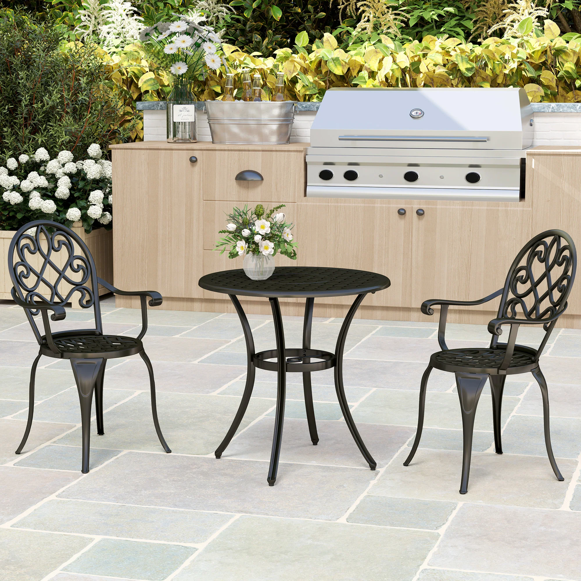 3 Piece Patio Bistro Set for 2, Aluminium Garden Table and Chairs with Adjustable Footpads, Black - Image 11