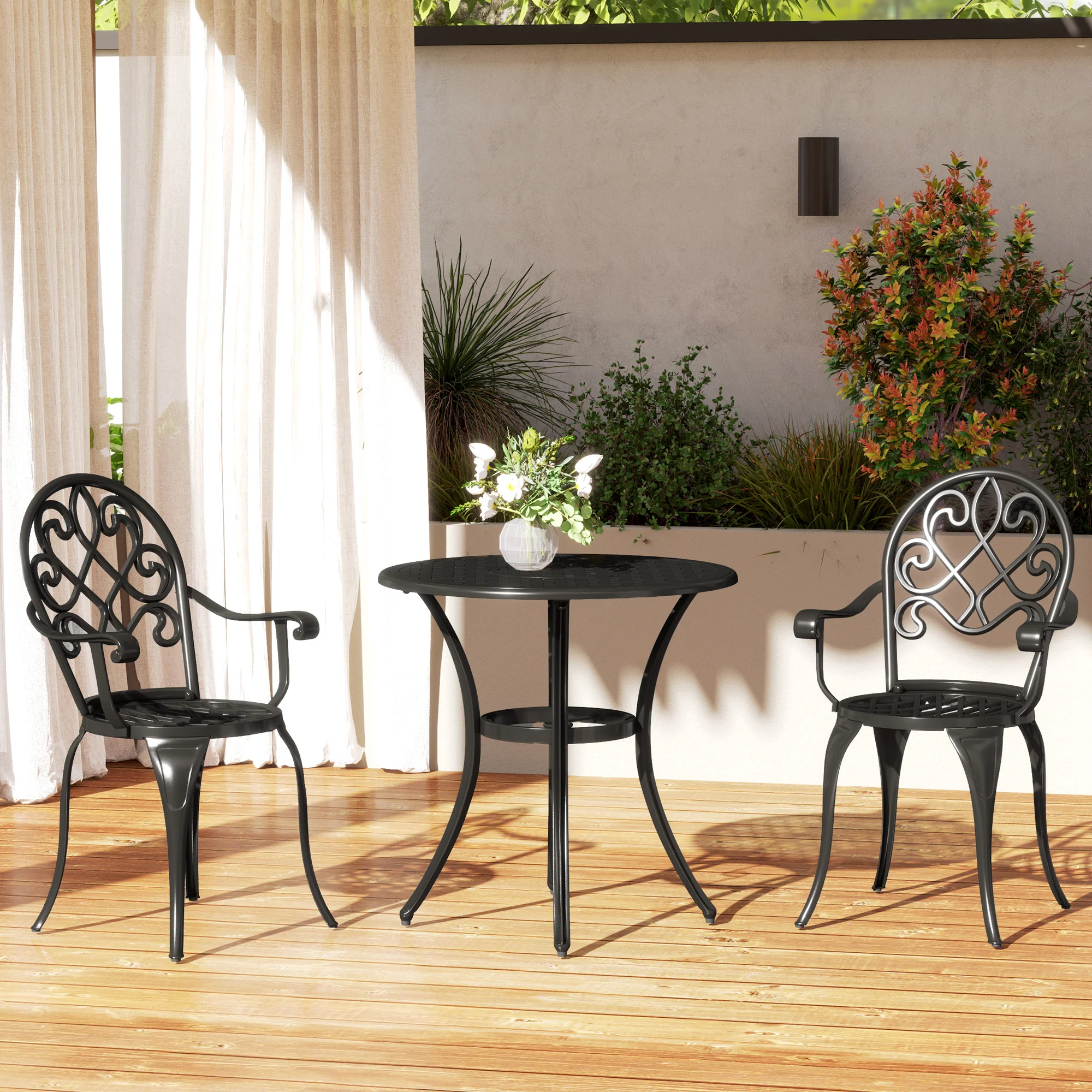 3 Piece Patio Bistro Set for 2, Aluminium Garden Table and Chairs with Adjustable Footpads, Black - Image 4