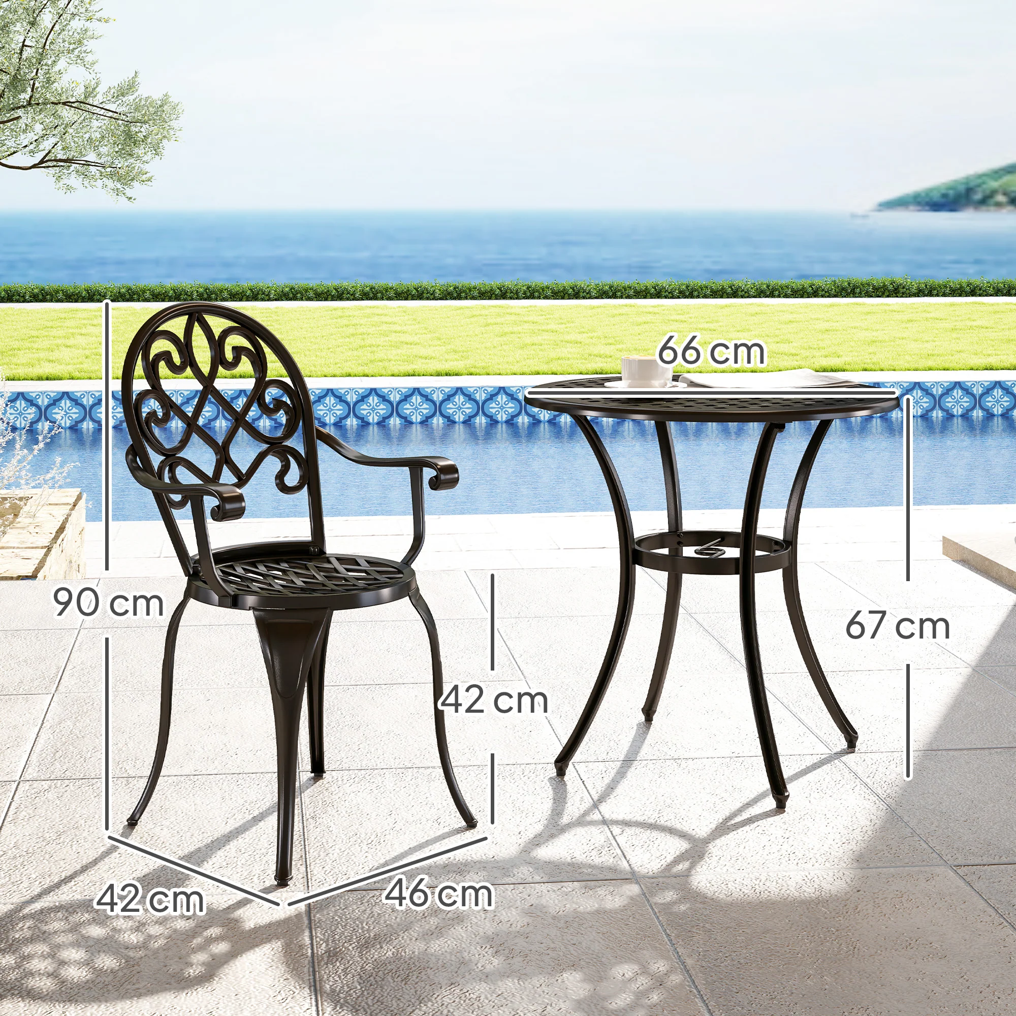 3 Piece Patio Bistro Set for 2, Aluminium Garden Table and Chairs with Adjustable Footpads, Black - Image 5