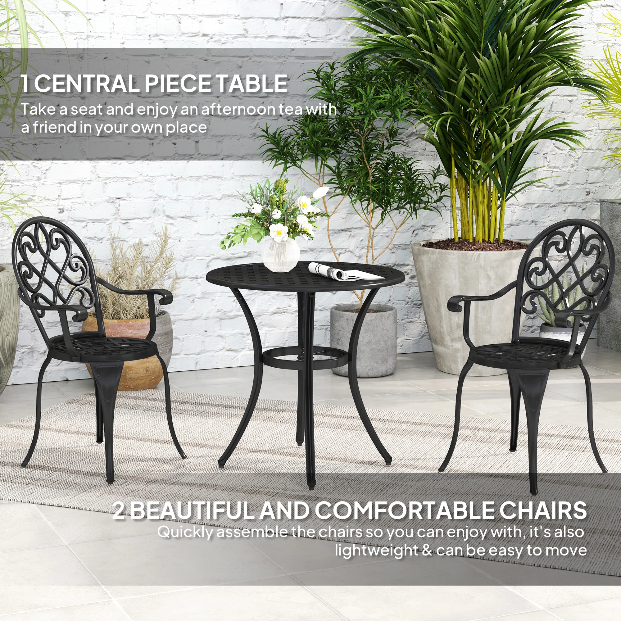 3 Piece Patio Bistro Set for 2, Aluminium Garden Table and Chairs with Adjustable Footpads, Black - Image 6