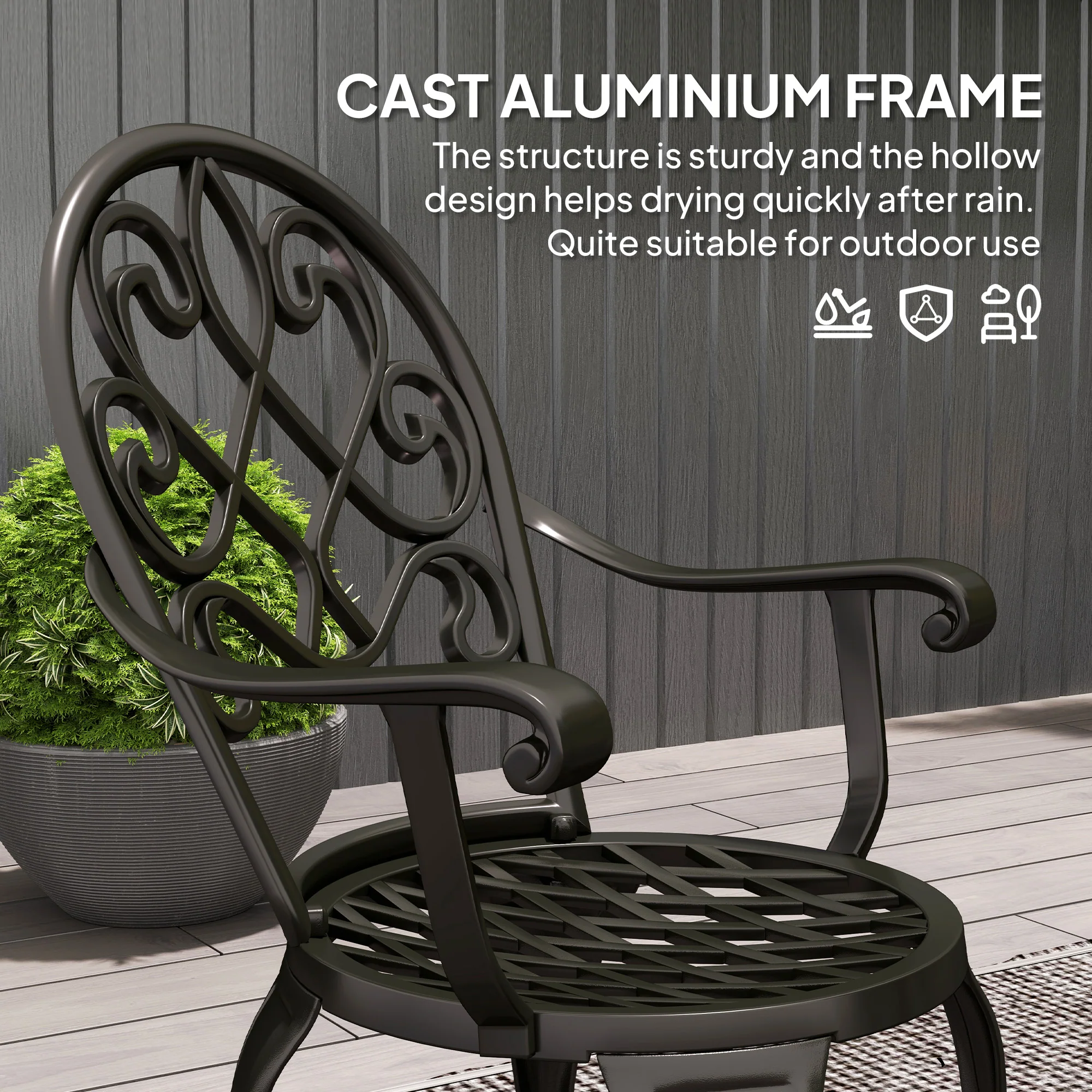 3 Piece Patio Bistro Set for 2, Aluminium Garden Table and Chairs with Adjustable Footpads, Black - Image 7