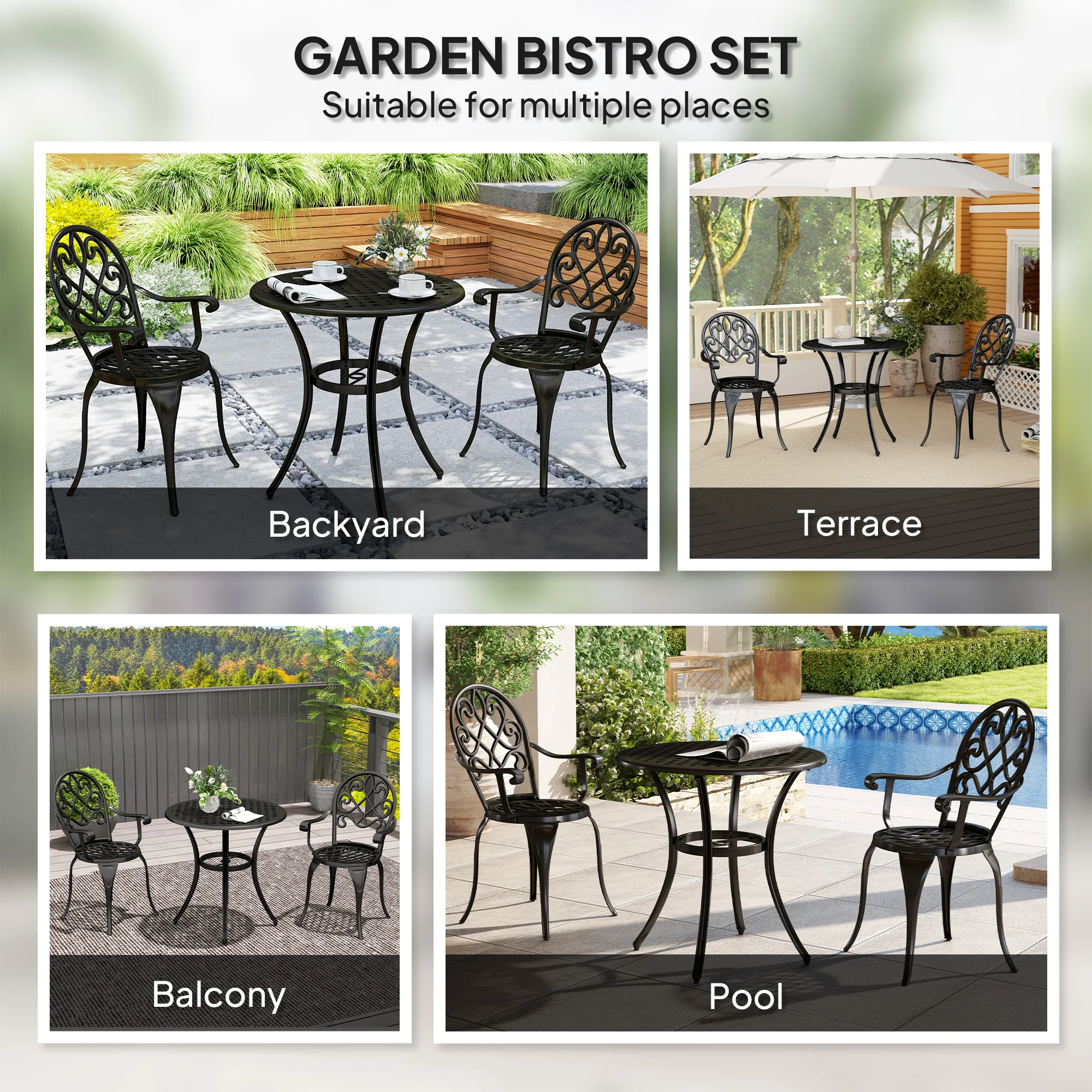 3 Piece Patio Bistro Set for 2, Aluminium Garden Table and Chairs with Adjustable Footpads, Black - Image 8