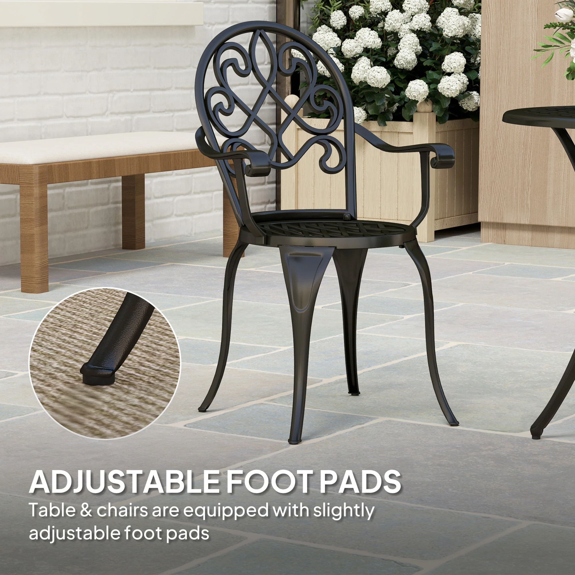 3 Piece Patio Bistro Set for 2, Aluminium Garden Table and Chairs with Adjustable Footpads, Black - Image 9