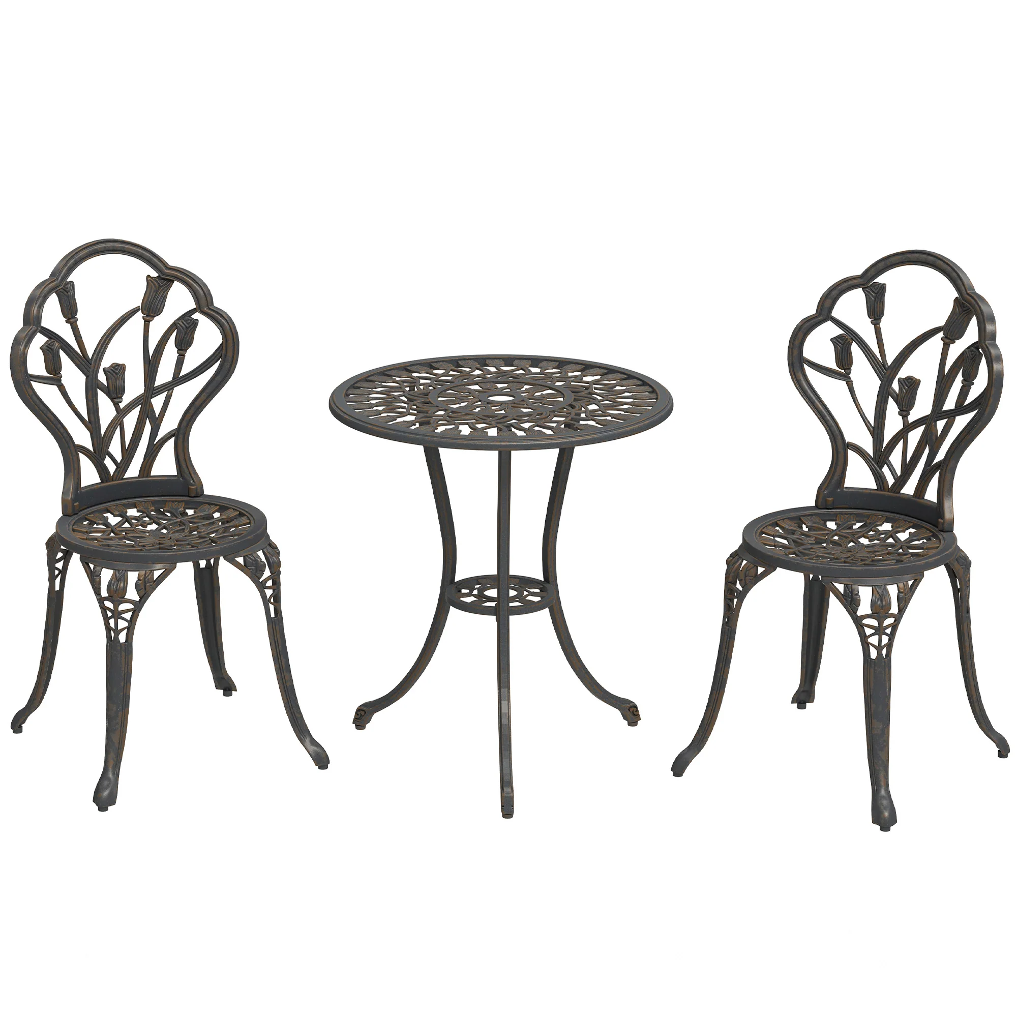 3 Piece Patio Bistro Set, Outdoor Aluminium Garden Table & Chairs with Umbrella Hole, Bronze Tone
