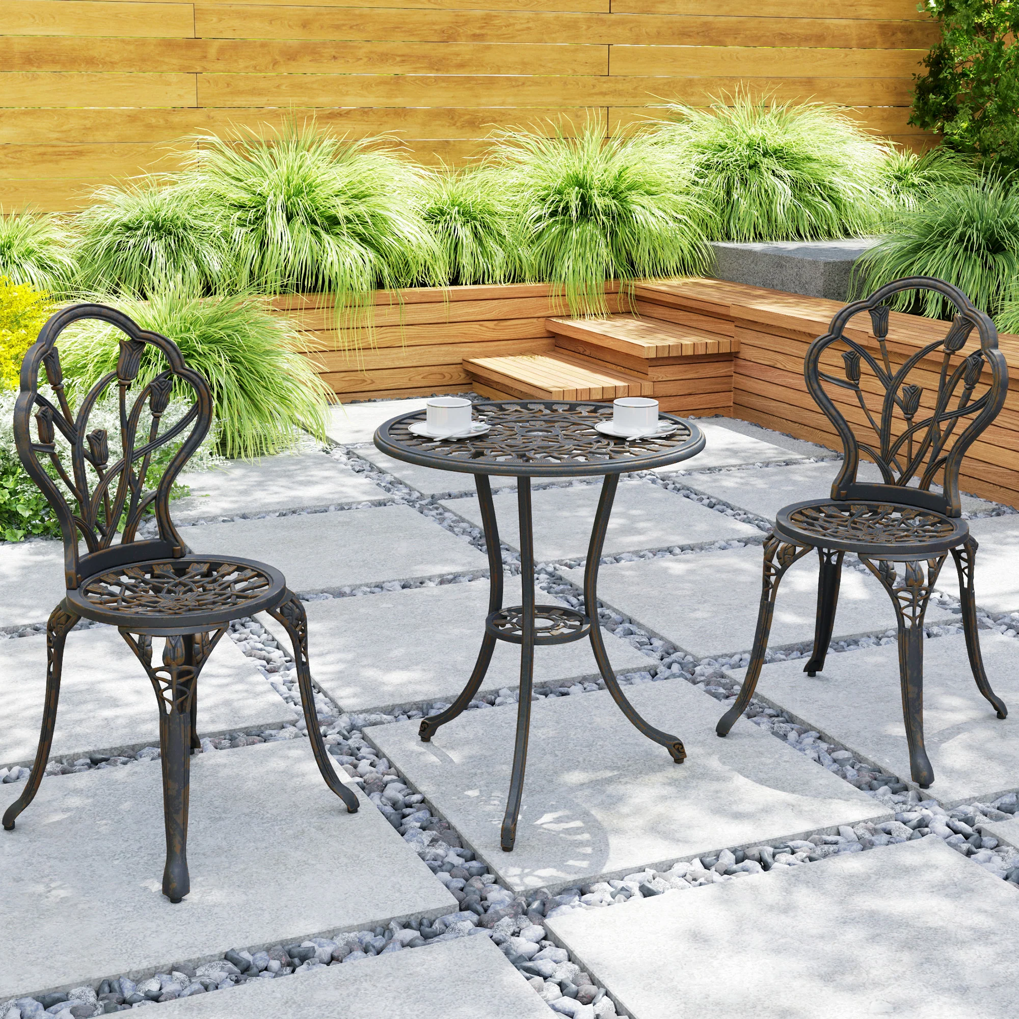 3 Piece Patio Bistro Set, Outdoor Aluminium Garden Table & Chairs with Umbrella Hole, Bronze Tone - Image 10