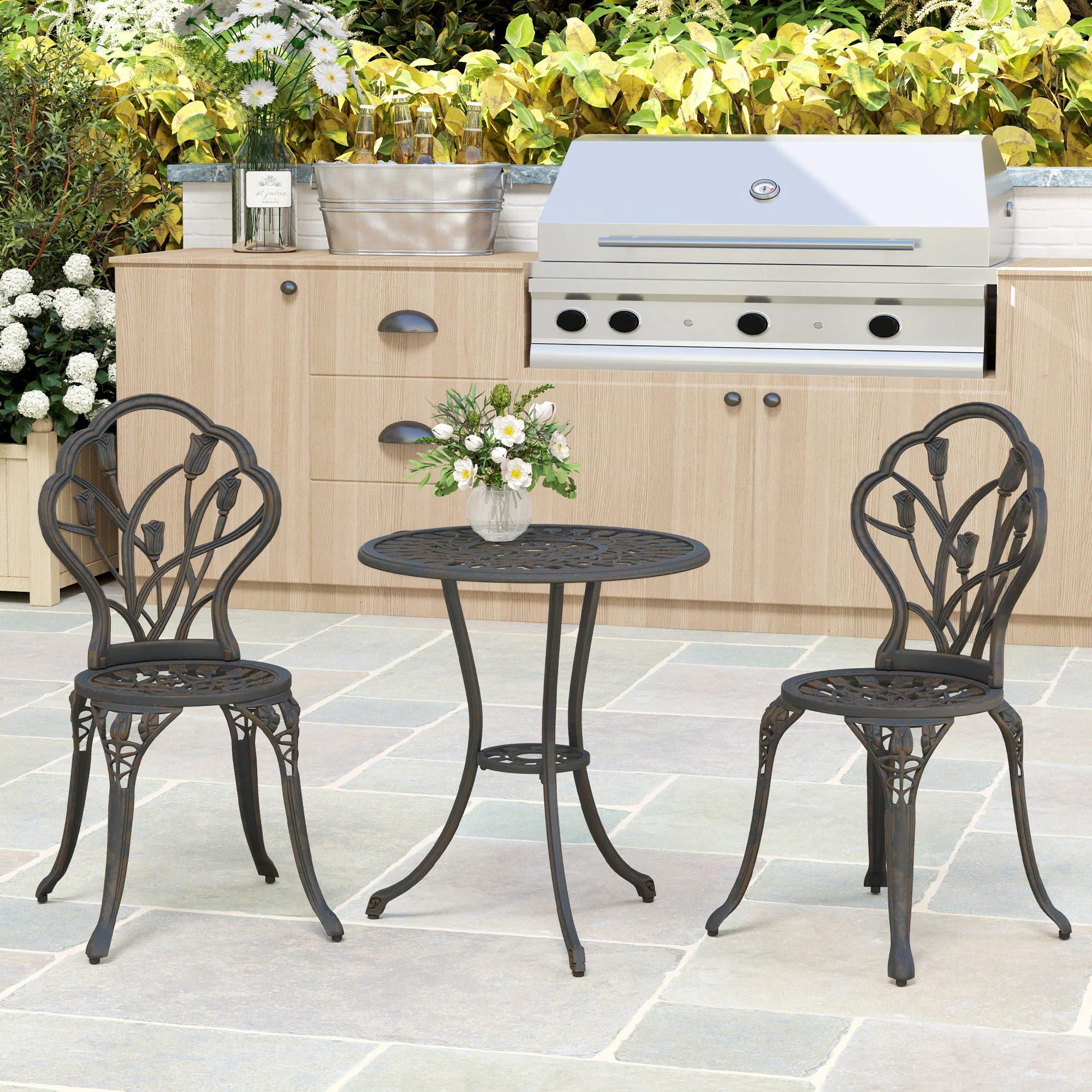3 Piece Patio Bistro Set, Outdoor Aluminium Garden Table & Chairs with Umbrella Hole, Bronze Tone - Image 11