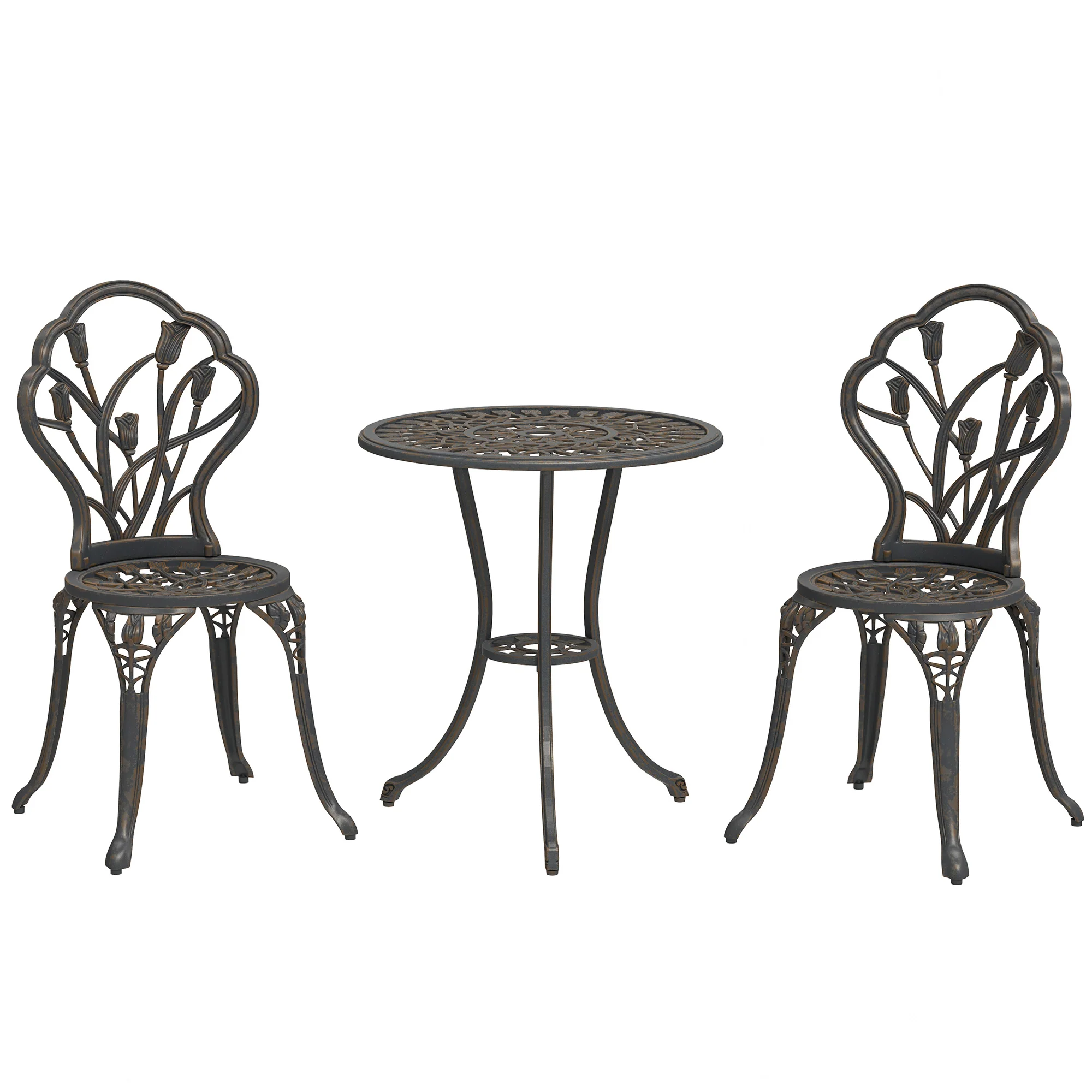 3 Piece Patio Bistro Set, Outdoor Aluminium Garden Table & Chairs with Umbrella Hole, Bronze Tone - Image 2