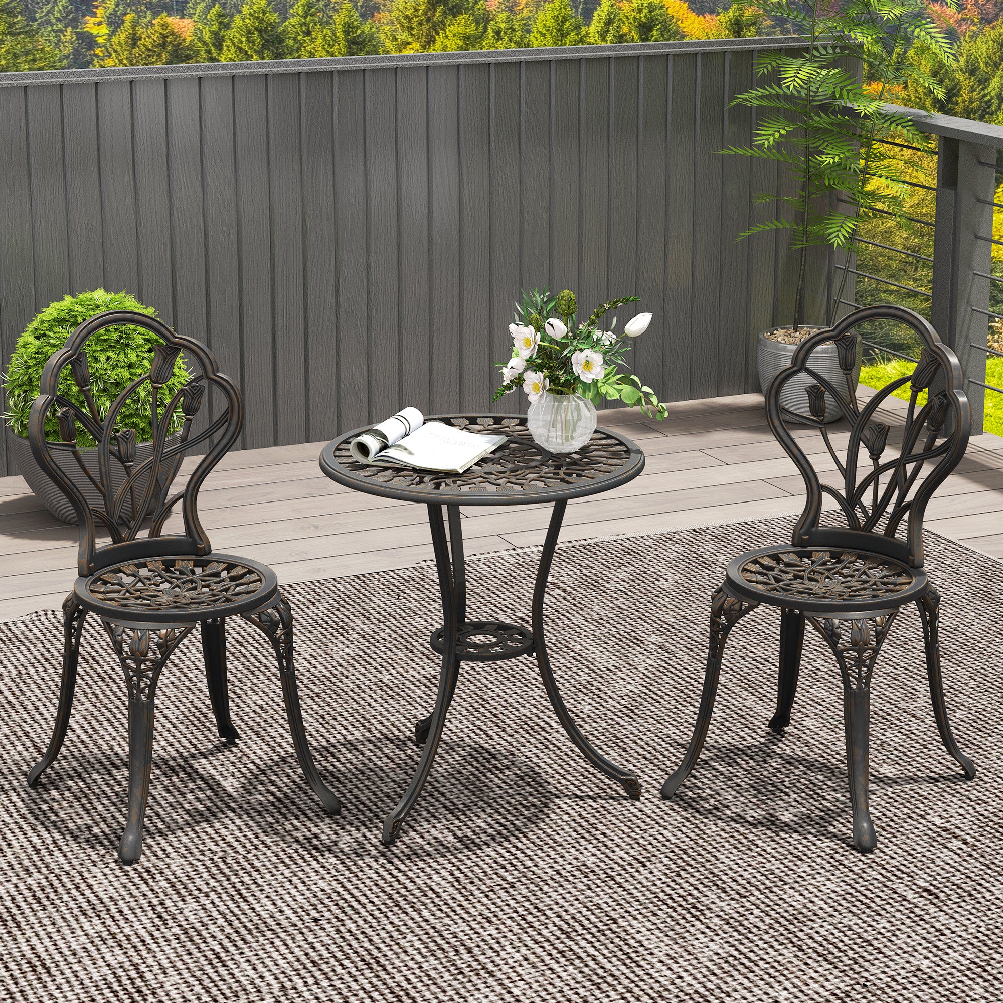 3 Piece Patio Bistro Set, Outdoor Aluminium Garden Table & Chairs with Umbrella Hole, Bronze Tone - Image 3