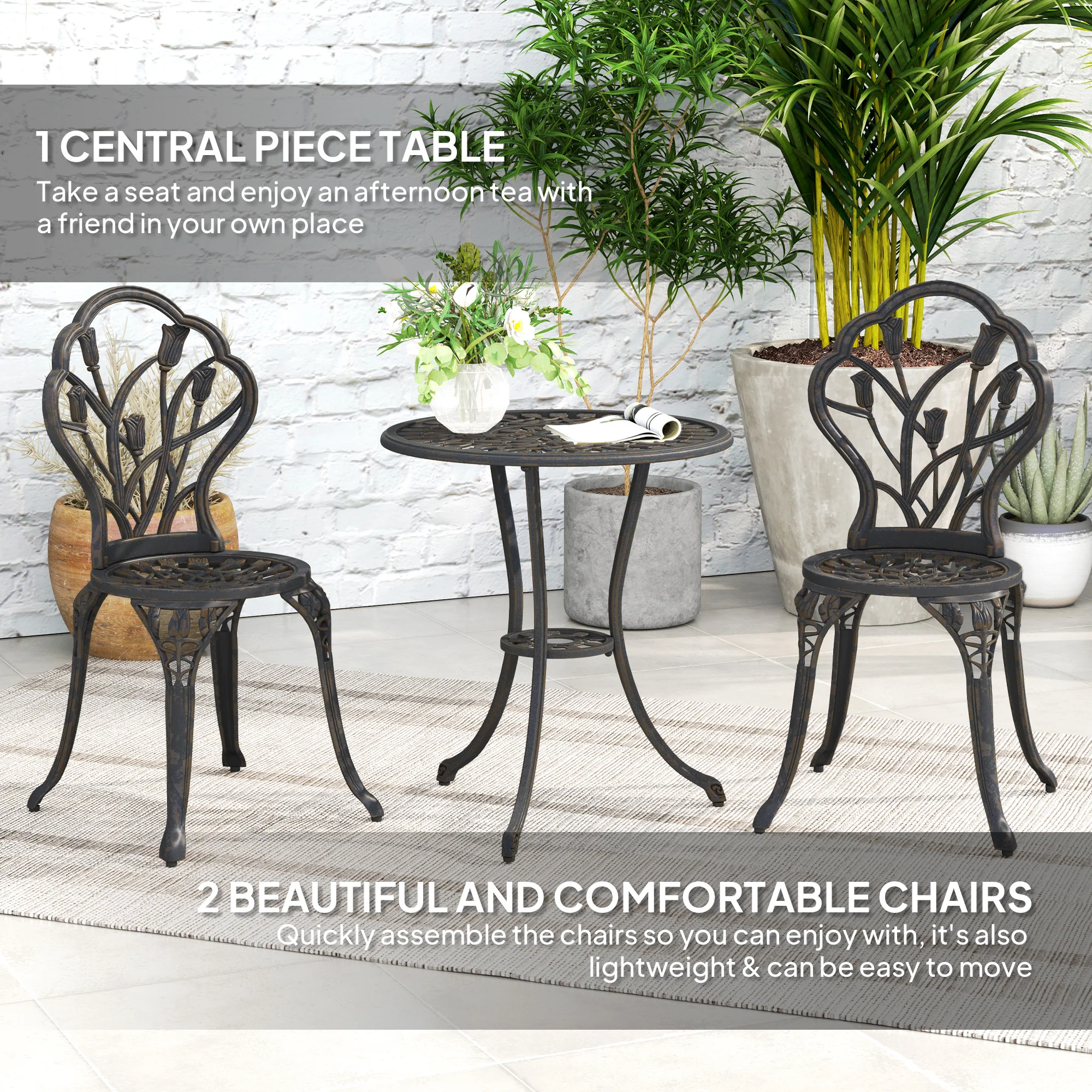 3 Piece Patio Bistro Set, Outdoor Aluminium Garden Table & Chairs with Umbrella Hole, Bronze Tone - Image 6