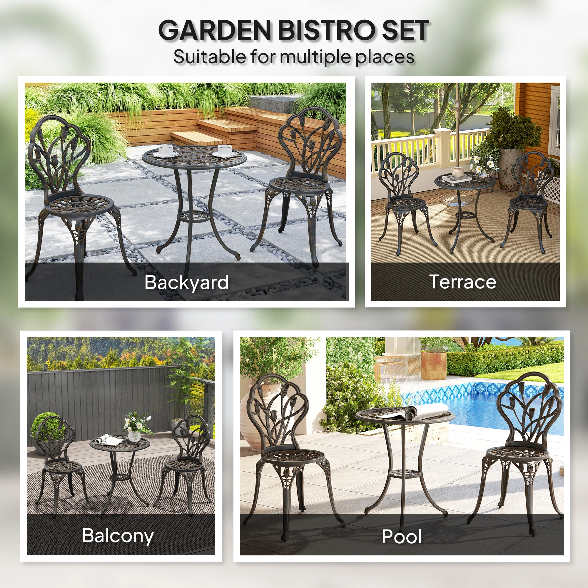 3 Piece Patio Bistro Set, Outdoor Aluminium Garden Table & Chairs with Umbrella Hole, Bronze Tone - Image 8