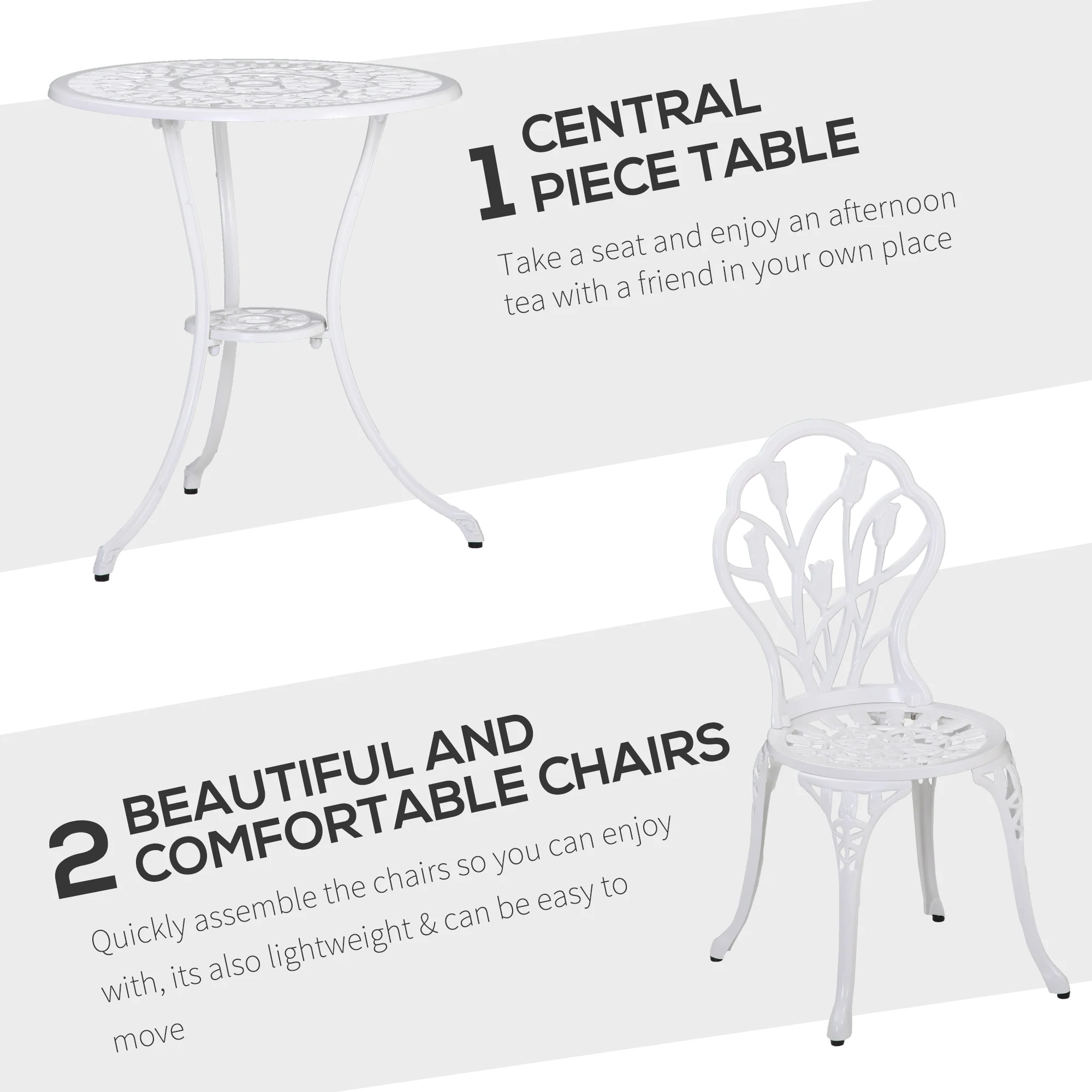3 Piece Patio Bistro Set for 2, Outdoor Aluminium Garden Table & Chairs with Umbrella Hole, White - Image 6