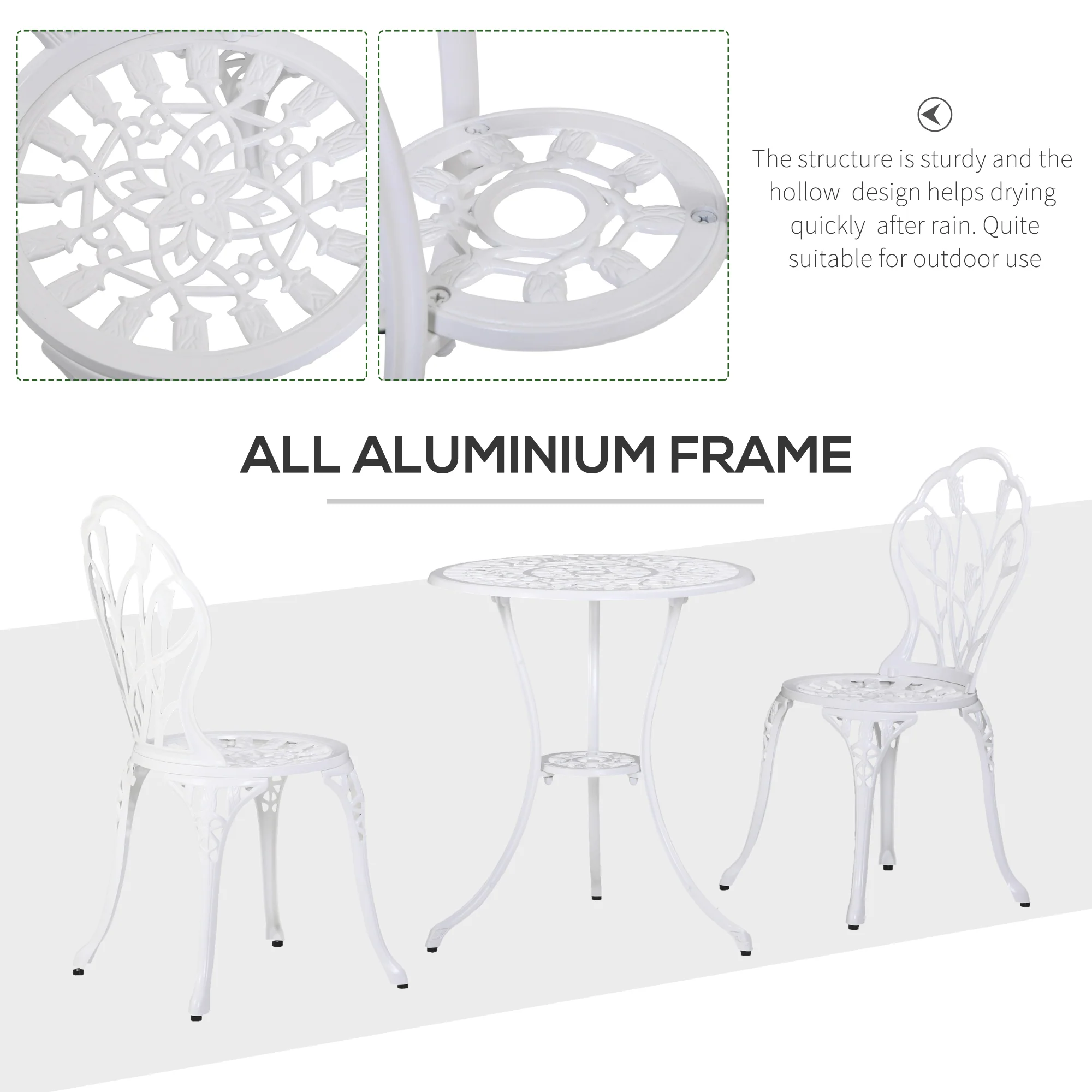 3 Piece Patio Bistro Set for 2, Outdoor Aluminium Garden Table & Chairs with Umbrella Hole, White - Image 7
