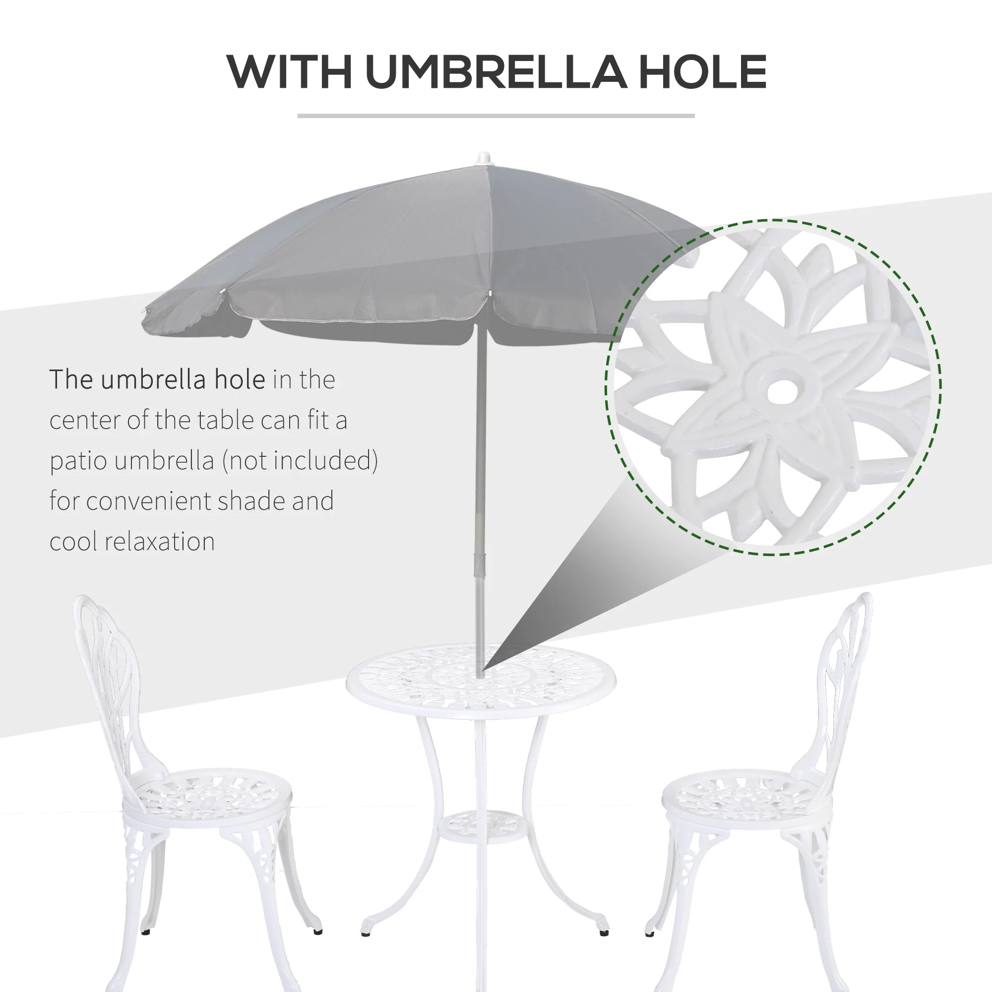3 Piece Patio Bistro Set for 2, Outdoor Aluminium Garden Table & Chairs with Umbrella Hole, White - Image 8