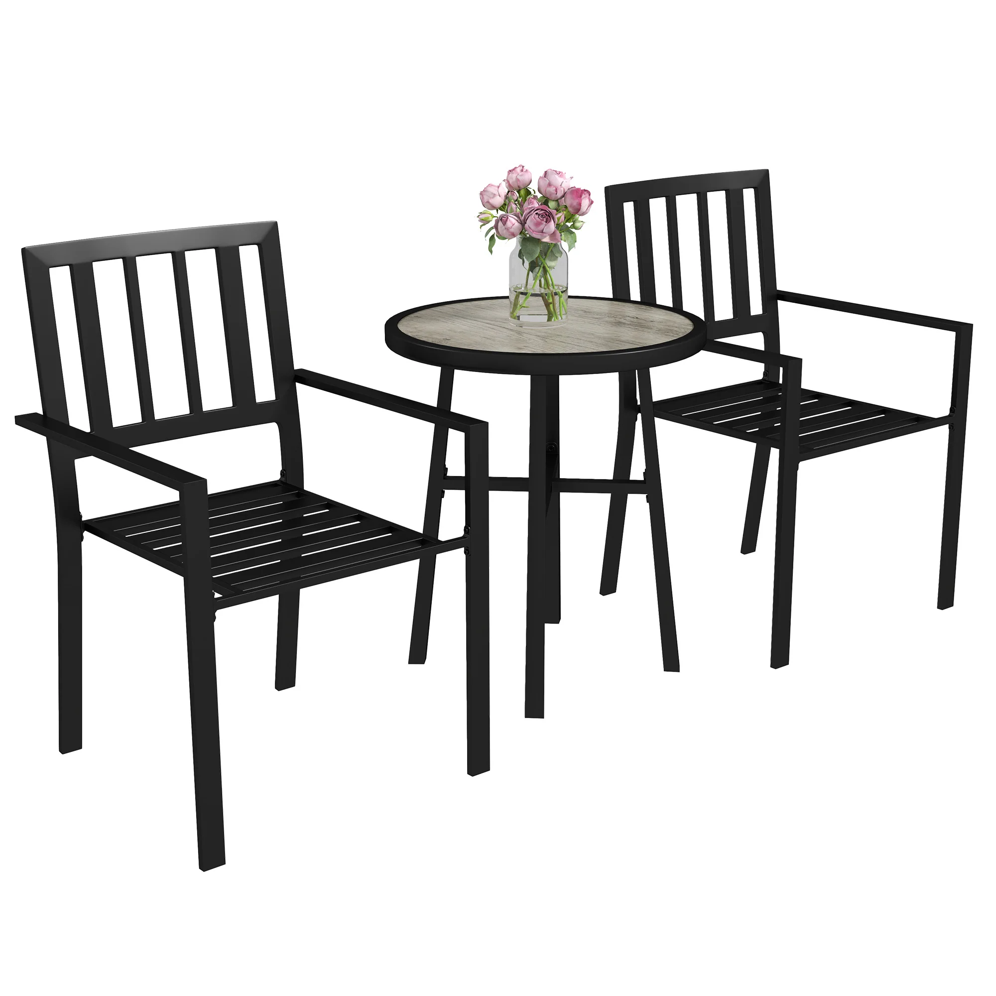 3 Piece Garden Dining Set with 2 Stackable Chairs & Steel Frame for Balcony, Patio, Deck, Grey