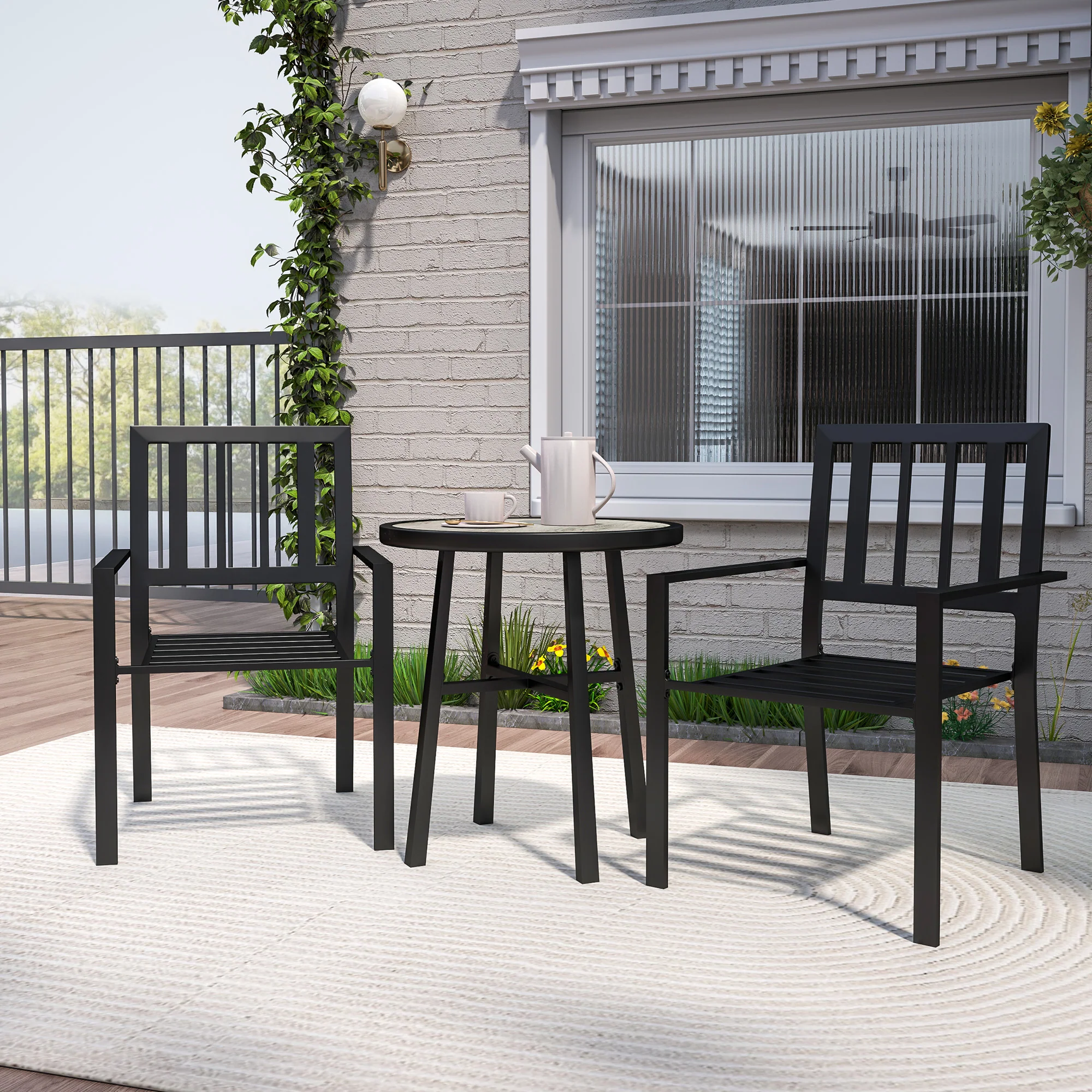 3 Piece Garden Dining Set with 2 Stackable Chairs & Steel Frame for Balcony, Patio, Deck, Grey - Image 10