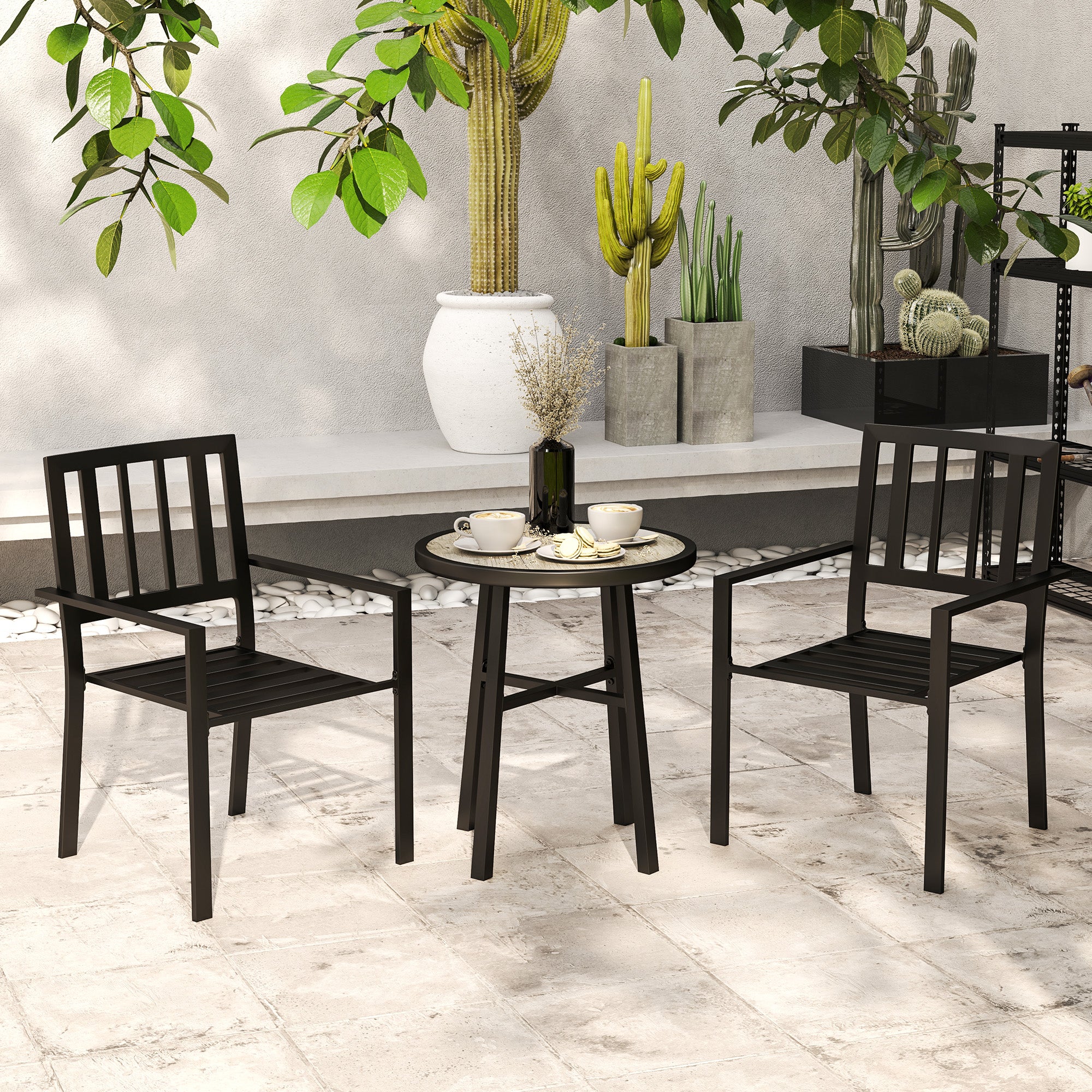3 Piece Garden Dining Set with 2 Stackable Chairs & Steel Frame for Balcony, Patio, Deck, Grey - Image 11