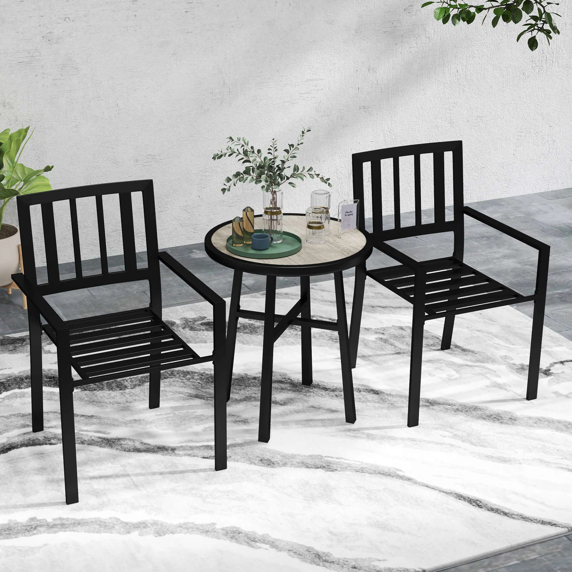 3 Piece Garden Dining Set with 2 Stackable Chairs & Steel Frame for Balcony, Patio, Deck, Grey - Image 3