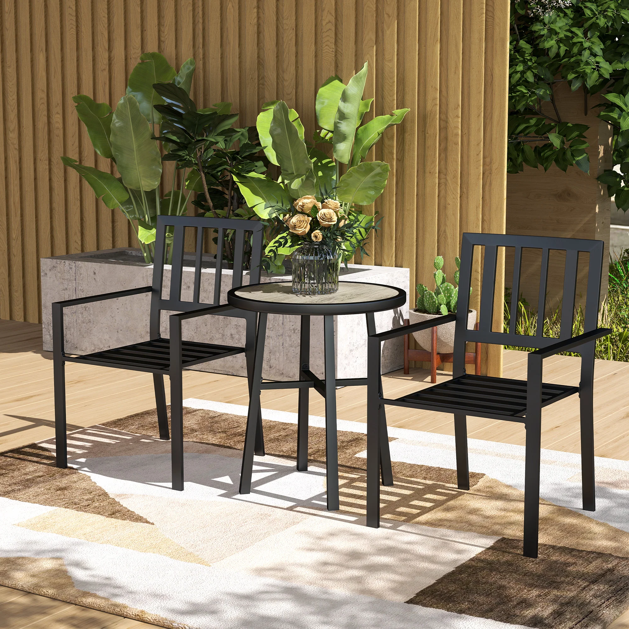 3 Piece Garden Dining Set with 2 Stackable Chairs & Steel Frame for Balcony, Patio, Deck, Grey - Image 4