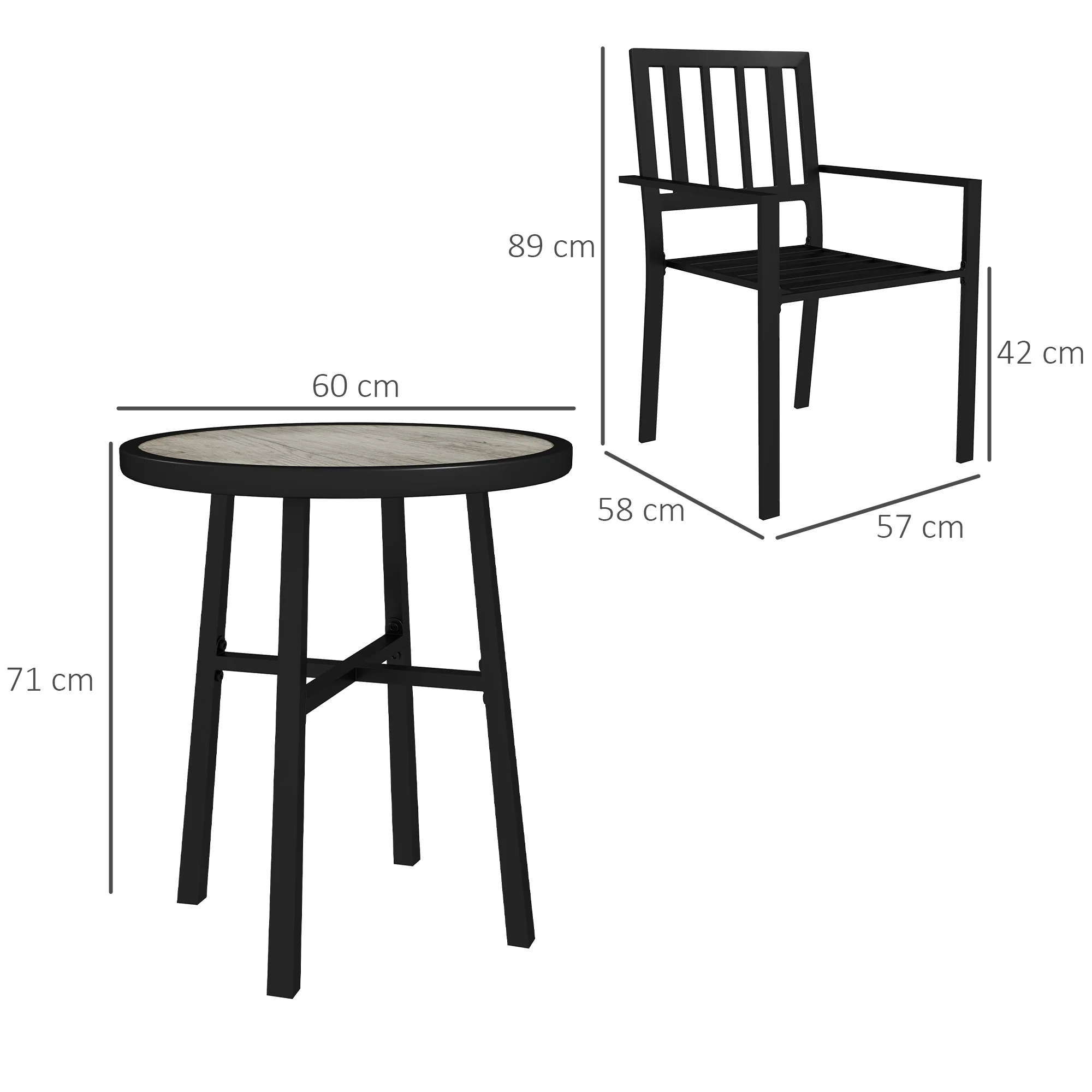 3 Piece Garden Dining Set with 2 Stackable Chairs & Steel Frame for Balcony, Patio, Deck, Grey - Image 5