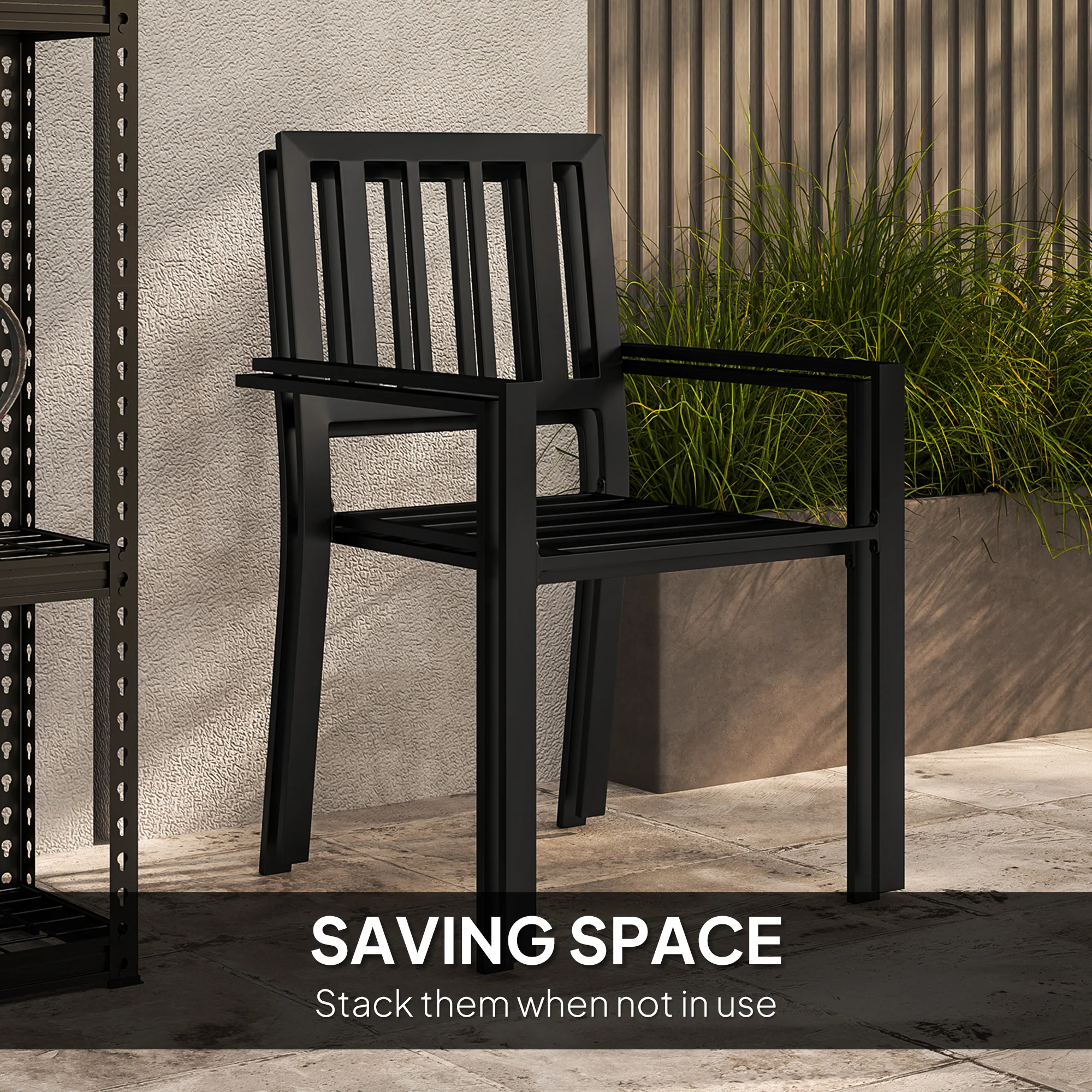 3 Piece Garden Dining Set with 2 Stackable Chairs & Steel Frame for Balcony, Patio, Deck, Grey - Image 6
