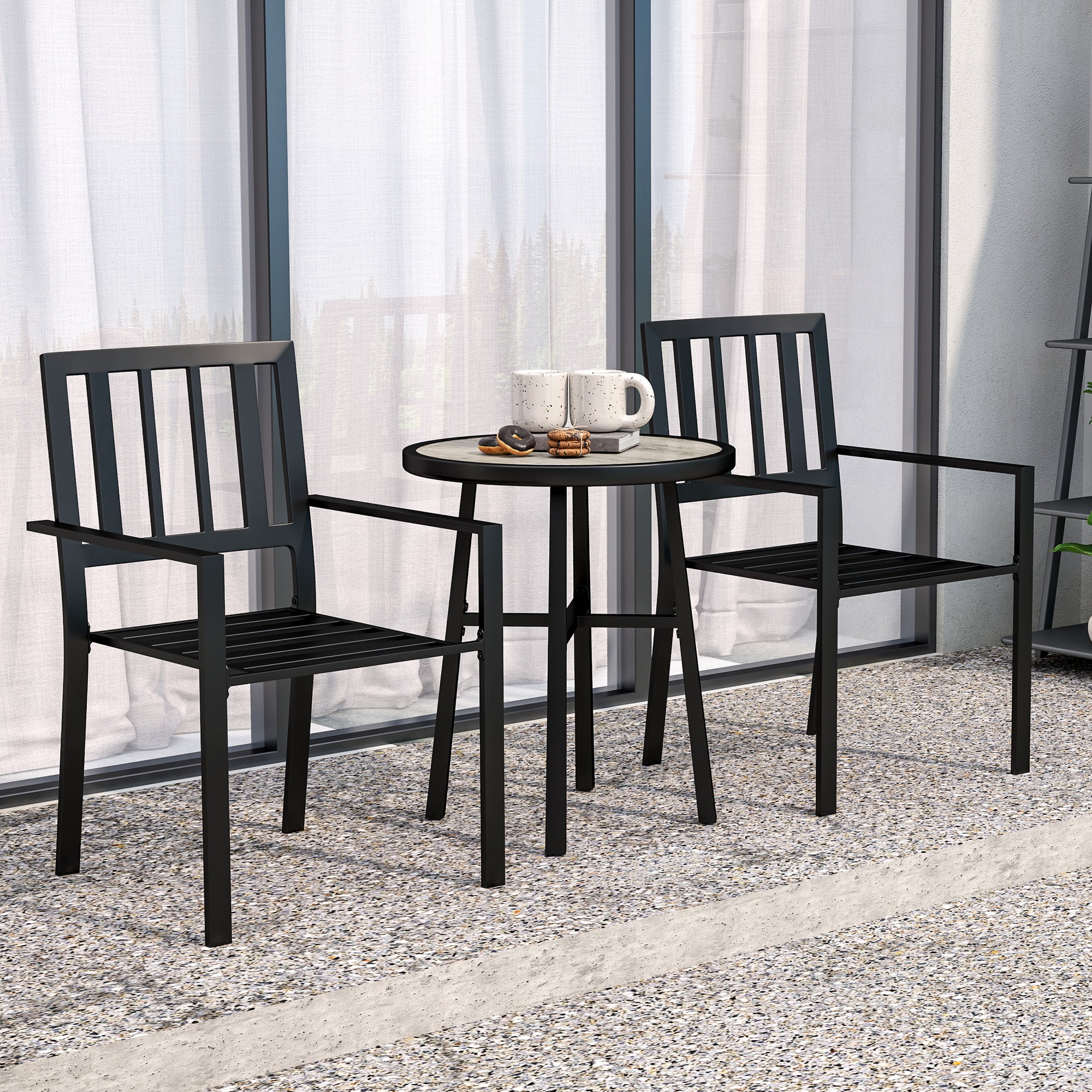 3 Piece Garden Dining Set with 2 Stackable Chairs & Steel Frame for Balcony, Patio, Deck, Grey - Image 9