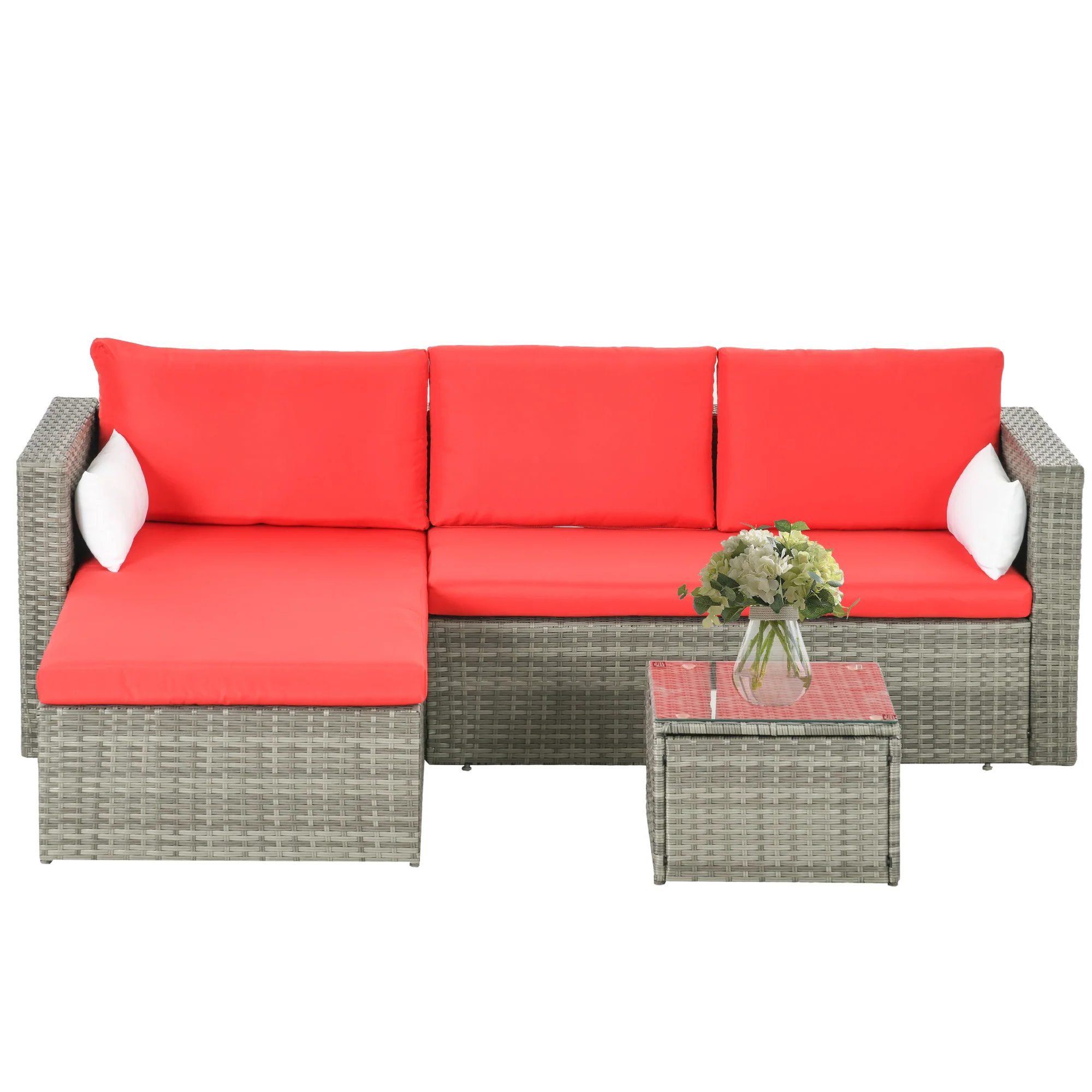 3-piece Modern Rattan Sofa Set with Coffee Table and Pillows, Red