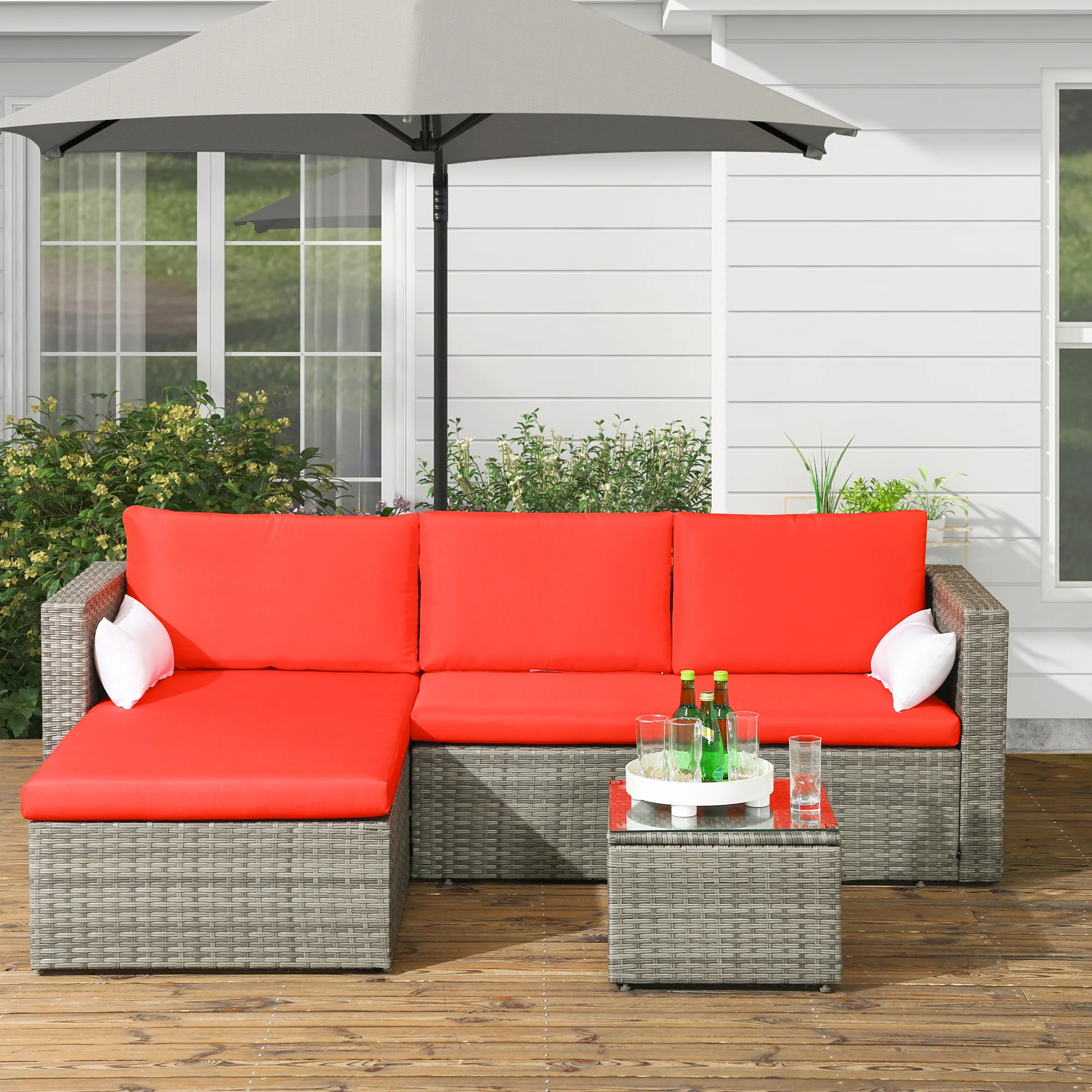3-piece Modern Rattan Sofa Set with Coffee Table and Pillows, Red - Image 3