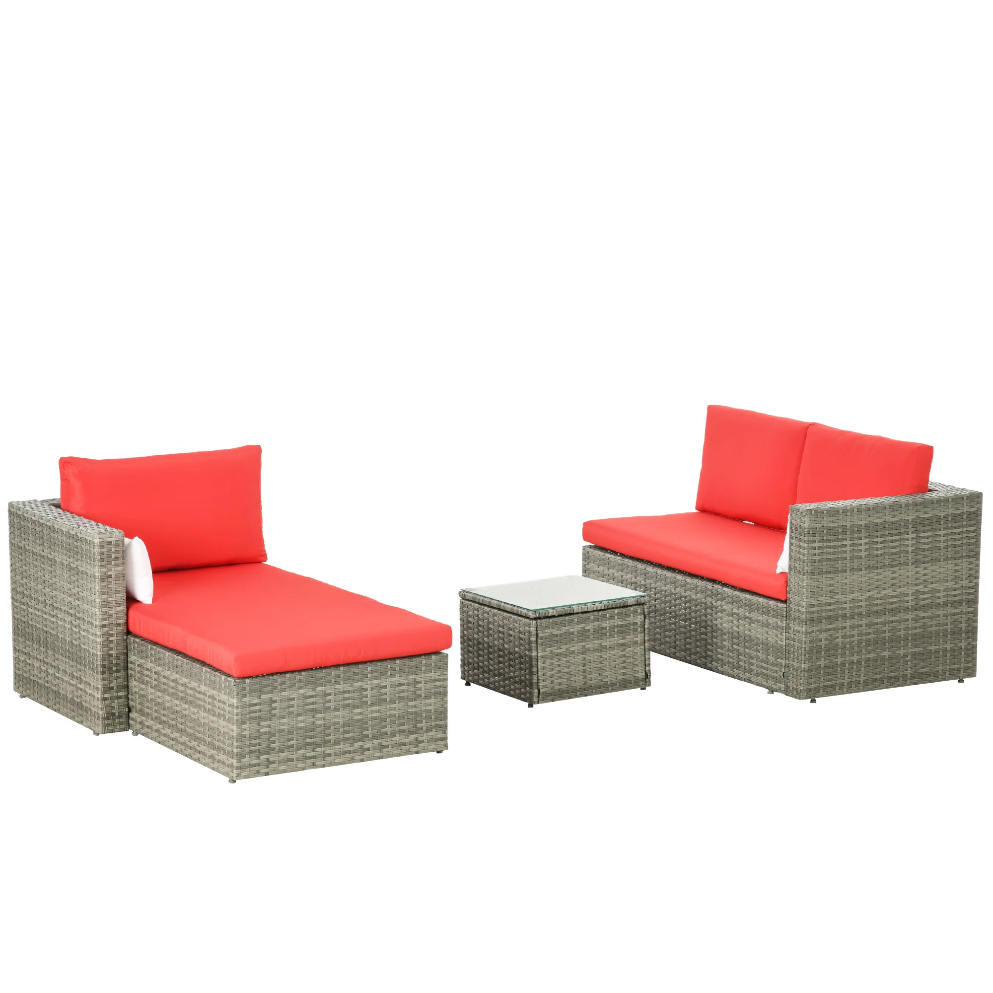 3-piece Modern Rattan Sofa Set with Coffee Table and Pillows, Red - Image 9