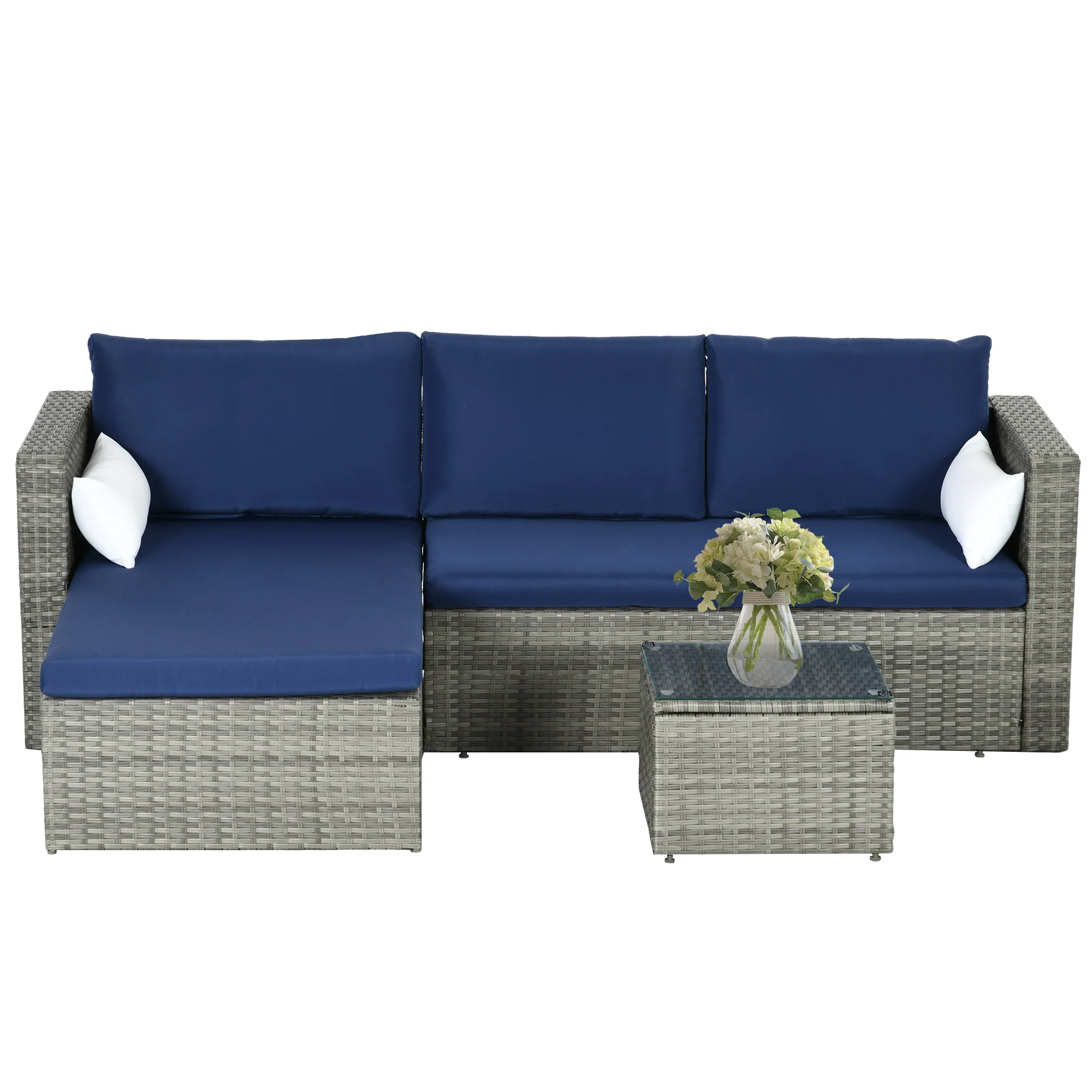 3-Piece Modern Rattan Sofa Set with Coffee Table and Pillows, Navy Blue
