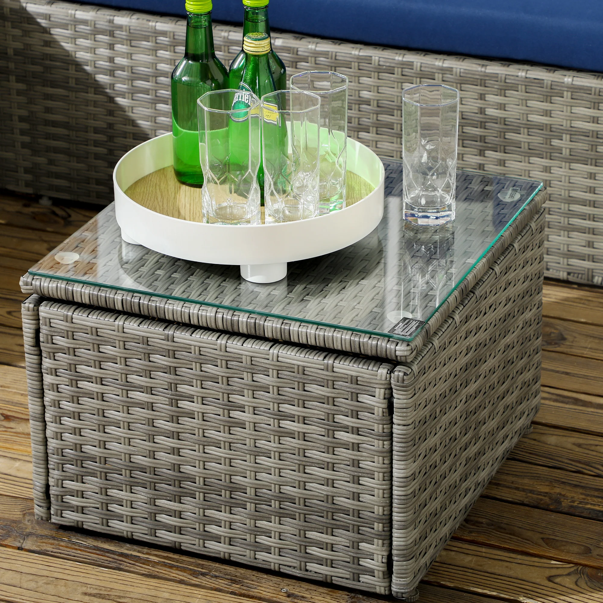 3-Piece Modern Rattan Sofa Set with Coffee Table and Pillows, Navy Blue - Image 10