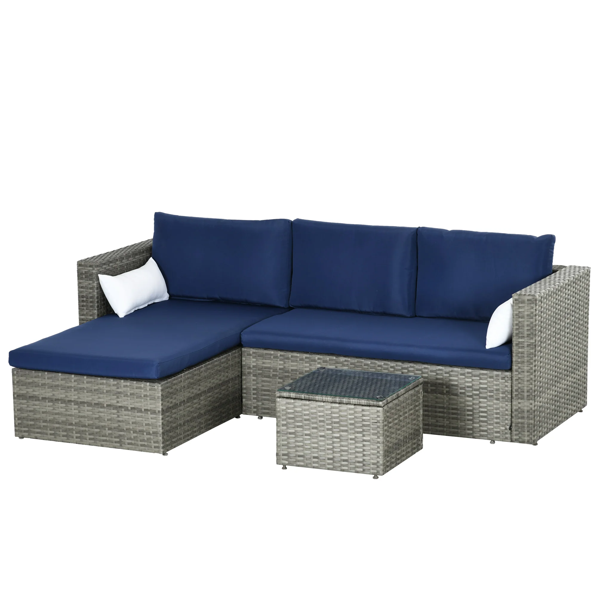 3-Piece Modern Rattan Sofa Set with Coffee Table and Pillows, Navy Blue - Image 2
