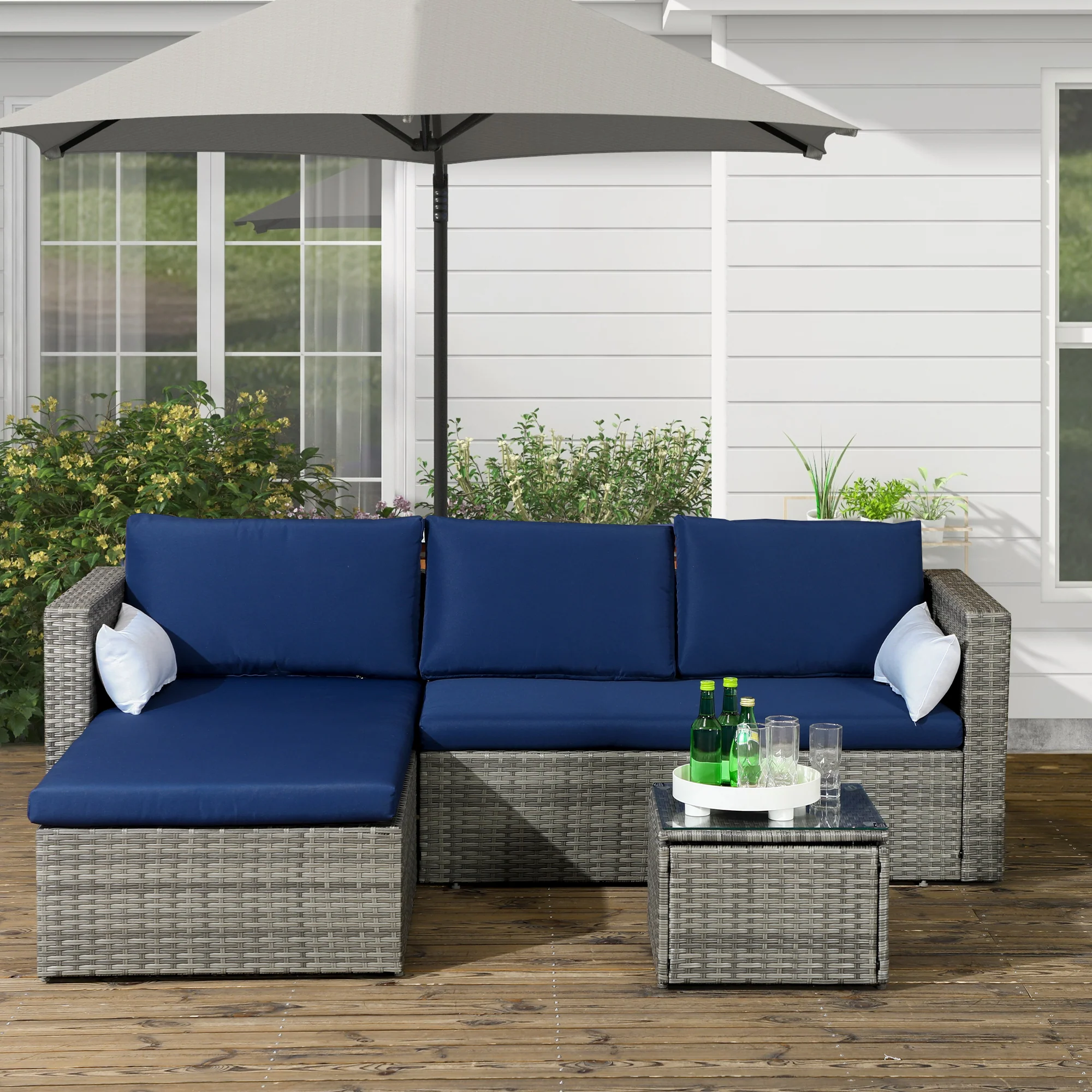 3-Piece Modern Rattan Sofa Set with Coffee Table and Pillows, Navy Blue - Image 3