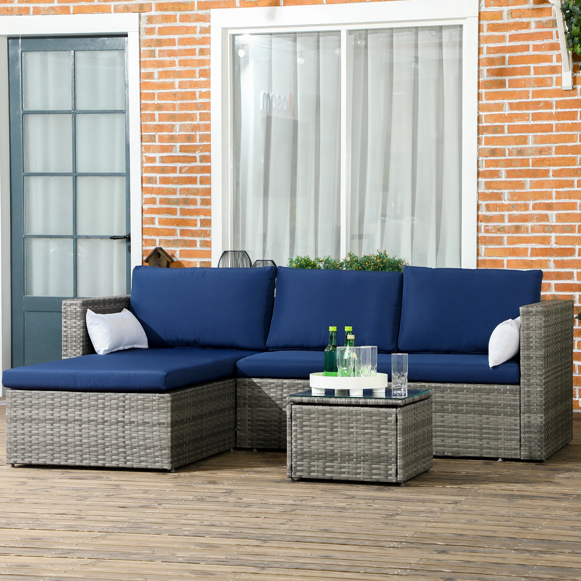 3-Piece Modern Rattan Sofa Set with Coffee Table and Pillows, Navy Blue - Image 4