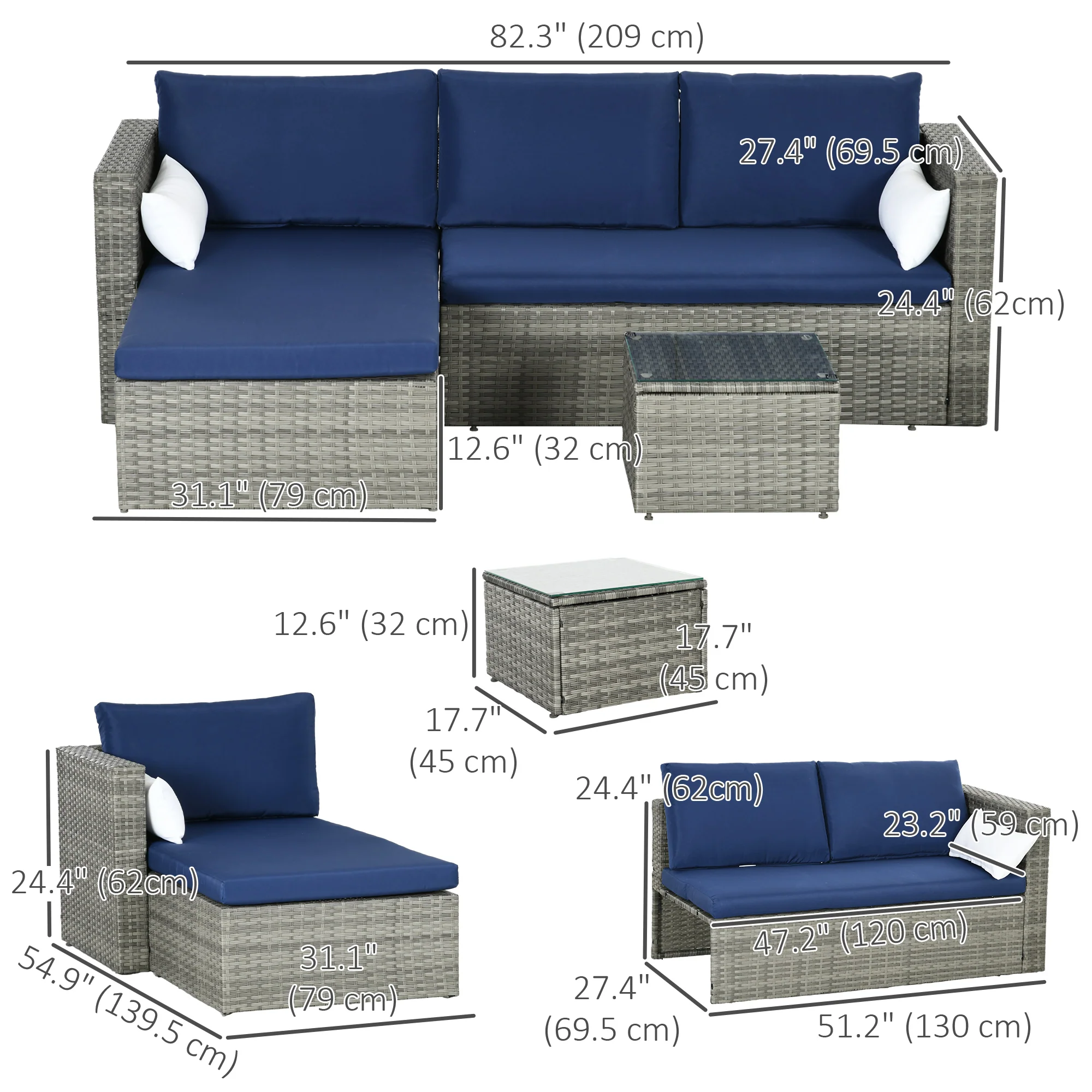 3-Piece Modern Rattan Sofa Set with Coffee Table and Pillows, Navy Blue - Image 5